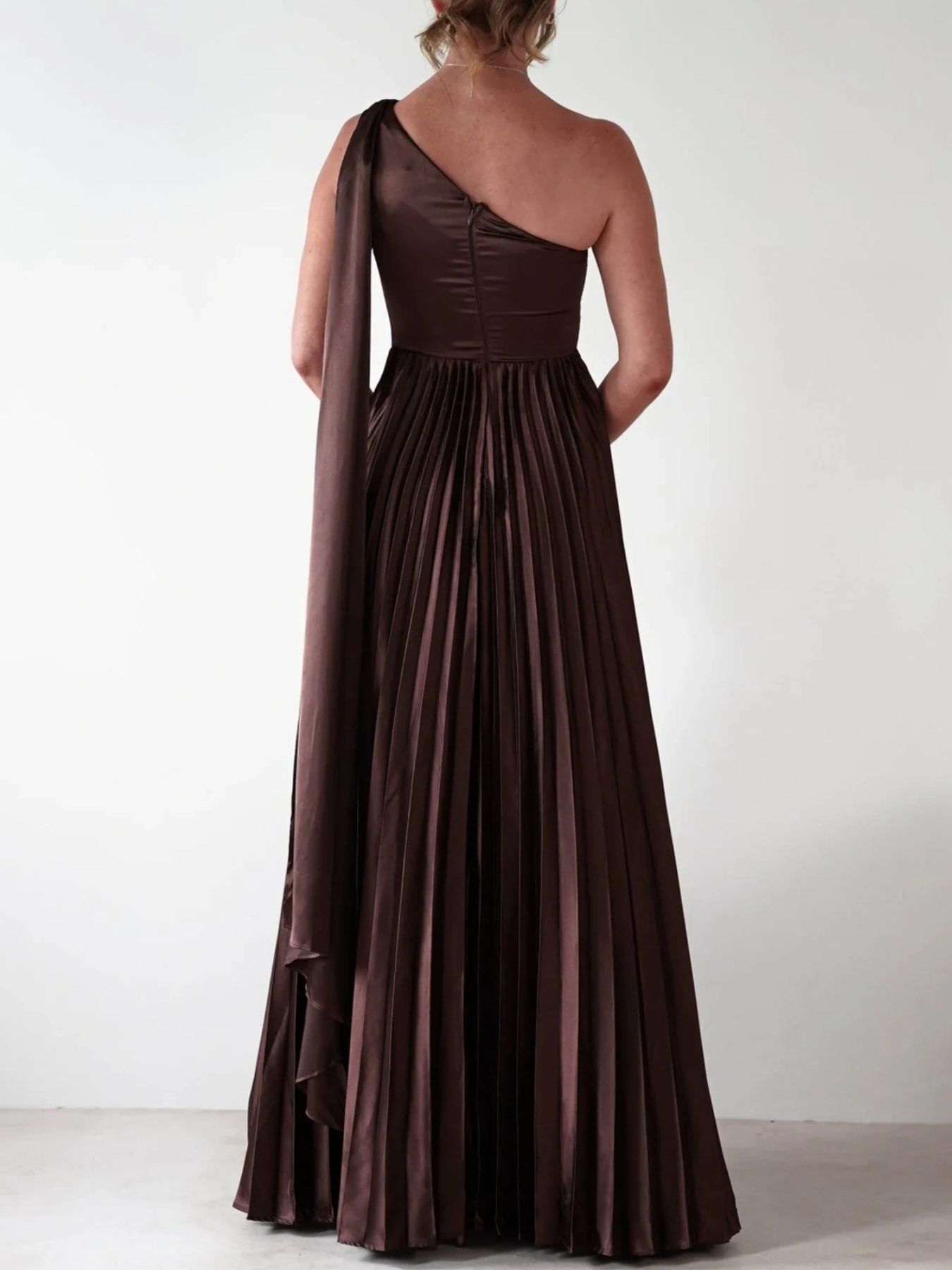 One-Shoulder Pleated Slit Maxi Dress