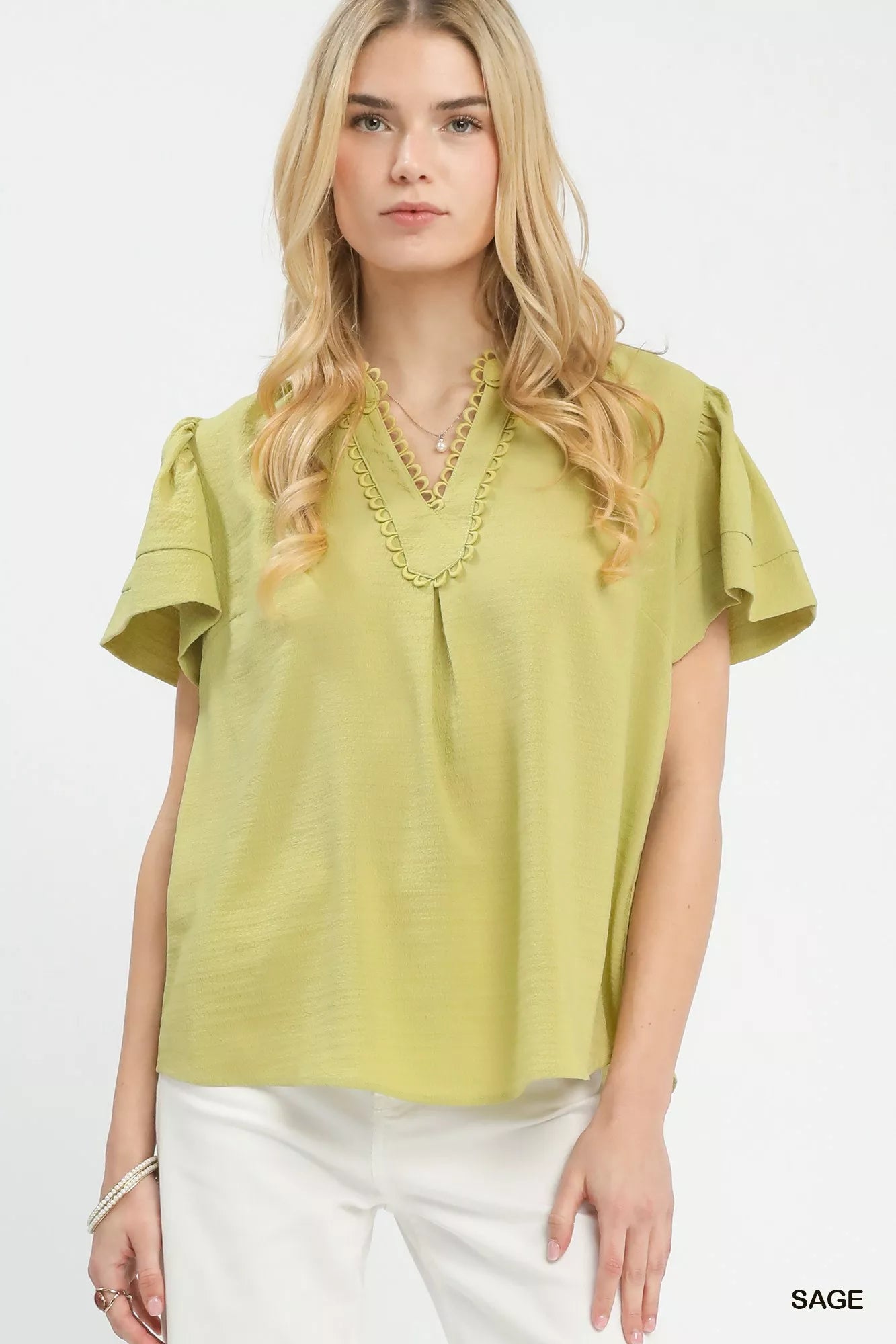 Umgee Seersucker Short Sleeve Top with Lace Trim