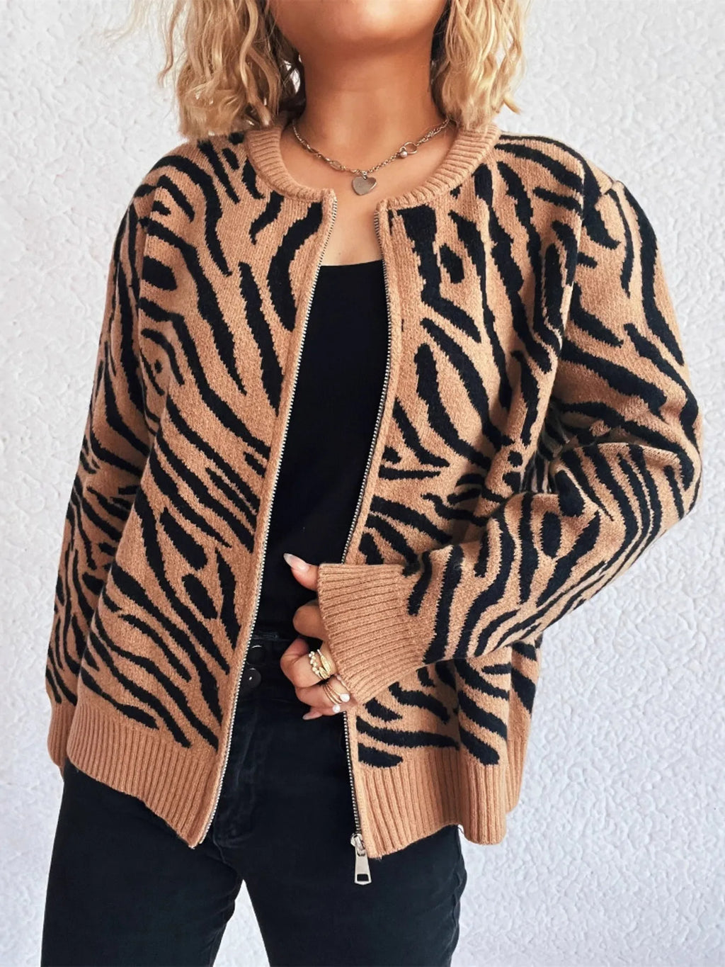 Zebra Print Zip Up Cardigan