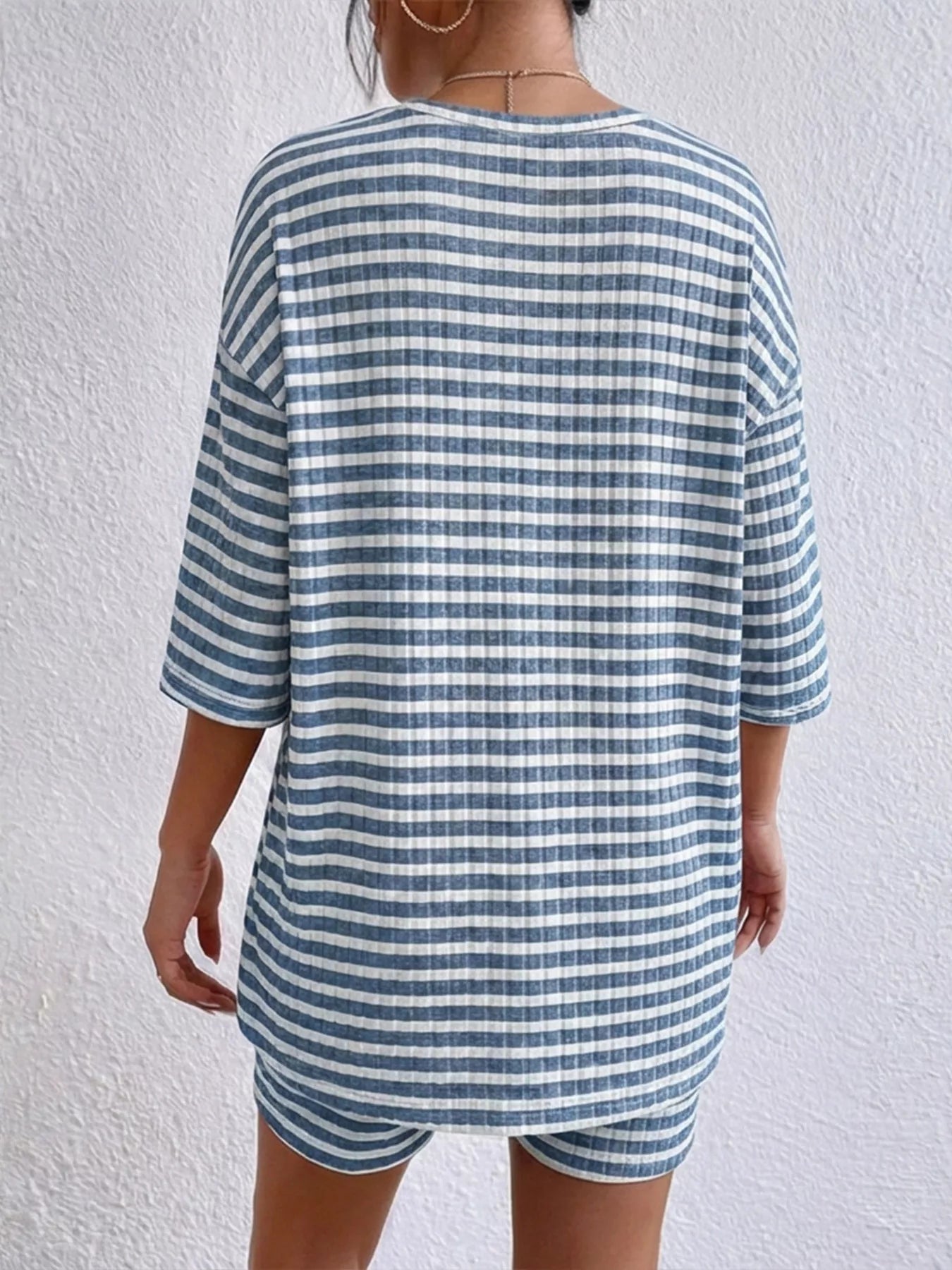 Striped Round Neck Top and Shorts Set