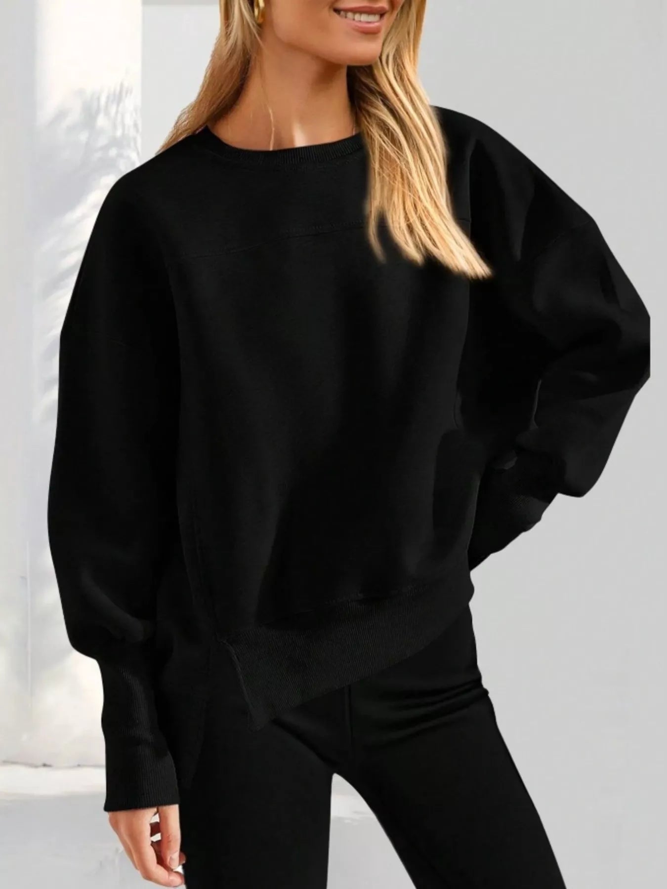 Slit Round Neck Dropped Shoulder Sweatshirt