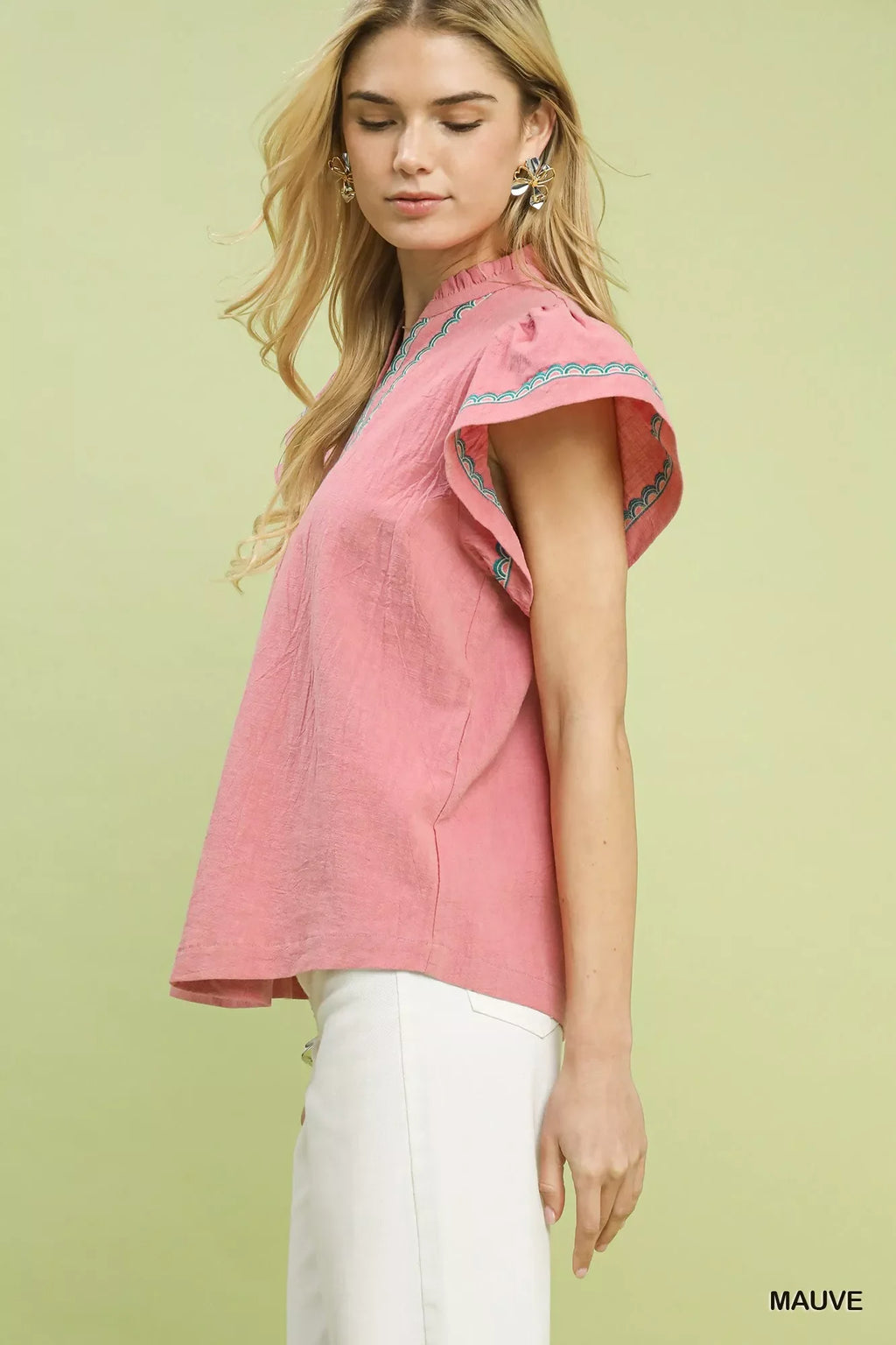 Umgee Embroidered Flutter Sleeve Blouse