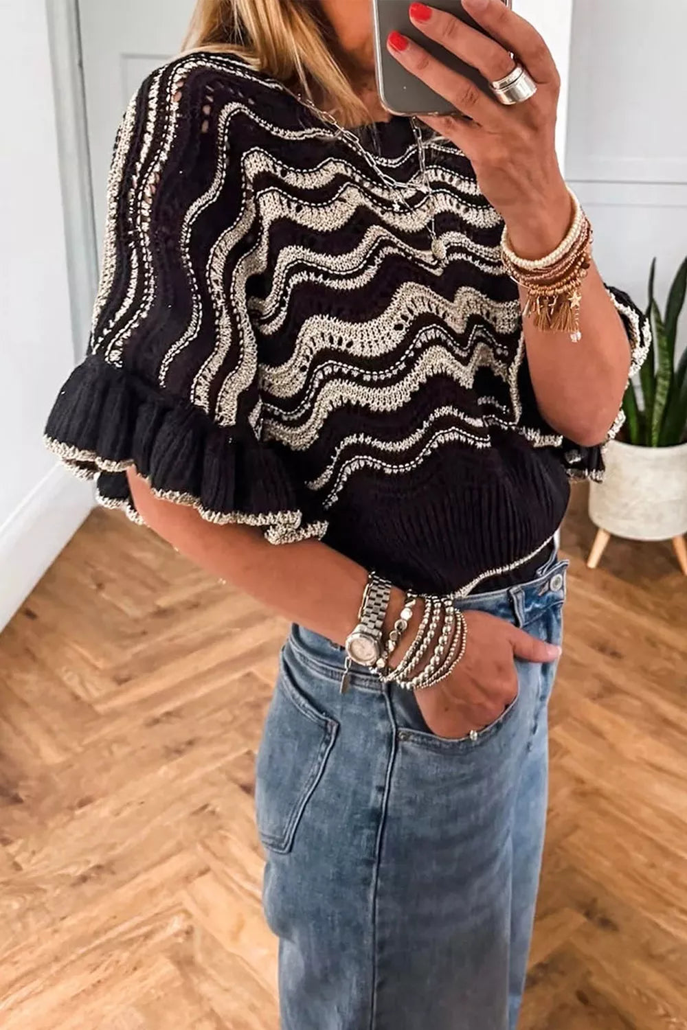 Wave Pattern Ruffle Sleeve Sweater