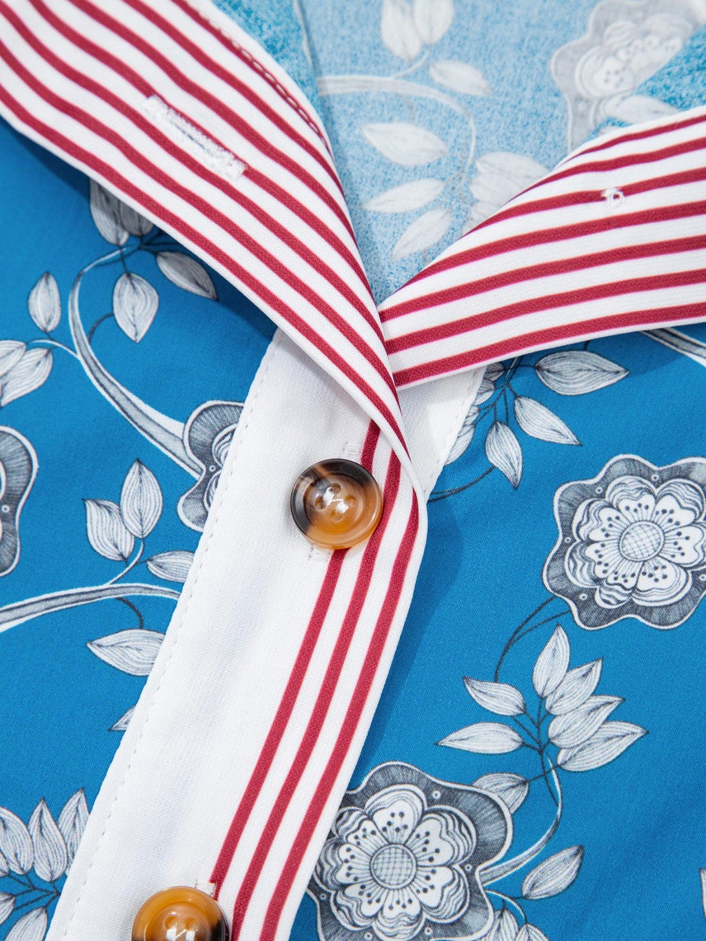 Floral Print Striped Trim Button Neck Short Sleeve Blouse