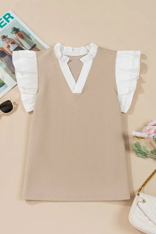 Ruffled Notched Cap Sleeve Top