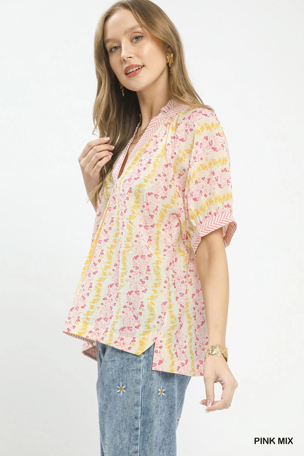 Umgee Mix Print Boho Blouse with Contrast Trim
