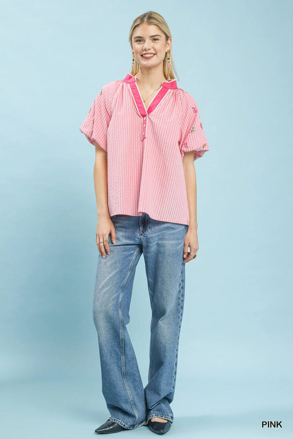 Umgee Embroidered Stripe Top