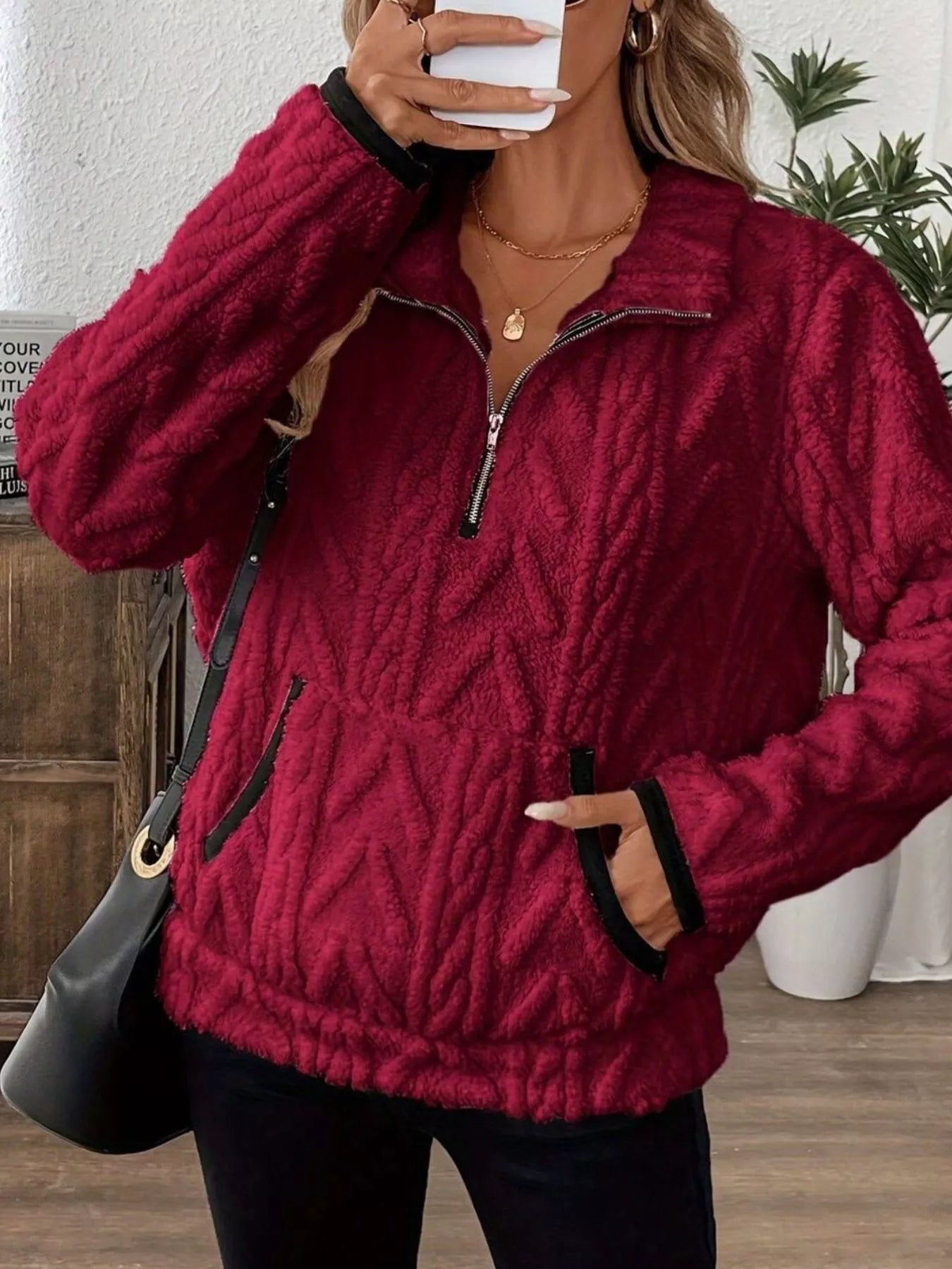 Full Size Half Zip Kangaroo Pocket Sweatshirt Plus Size