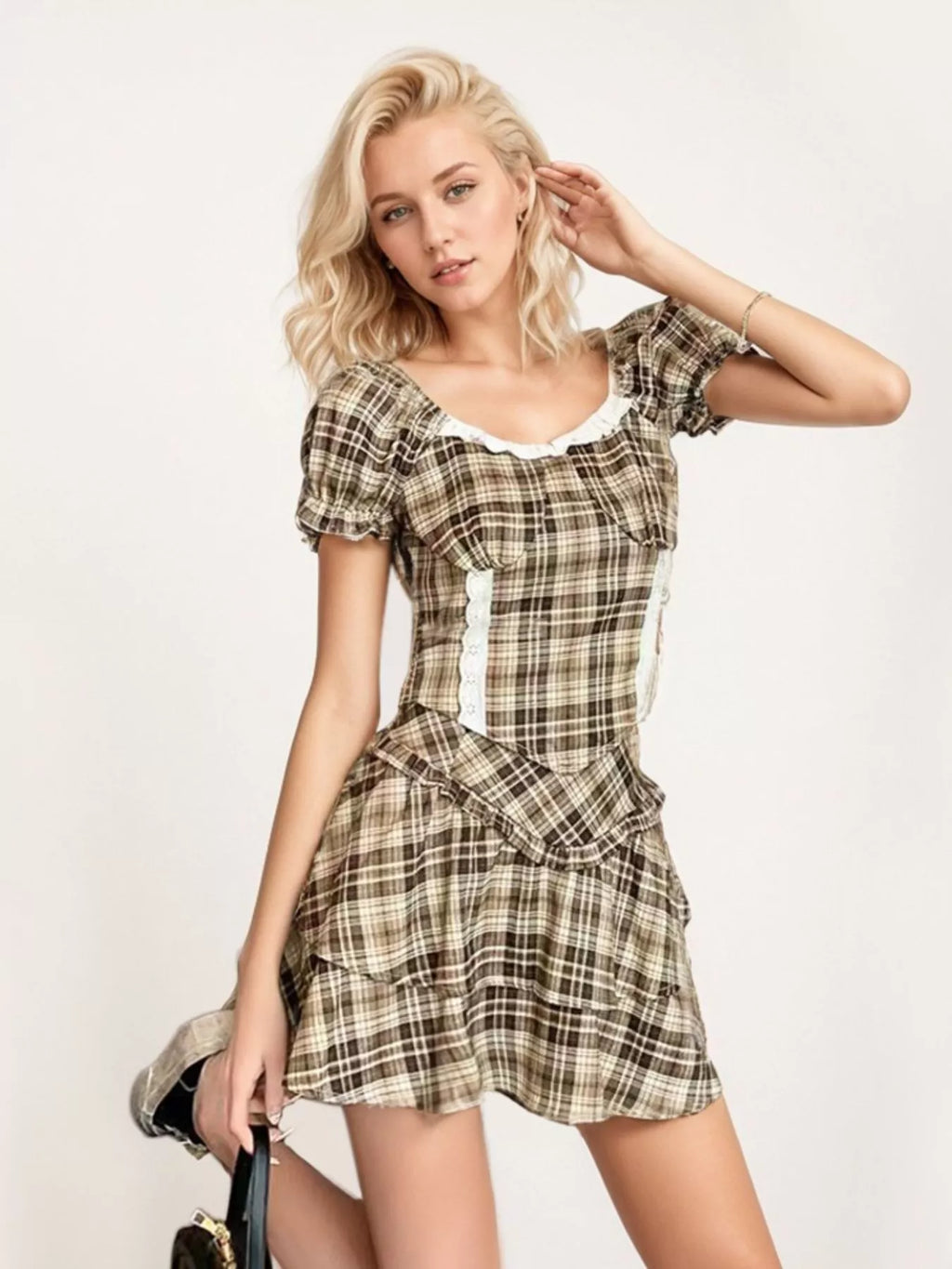 Plaid Puff Sleeve Top and Skirt Set