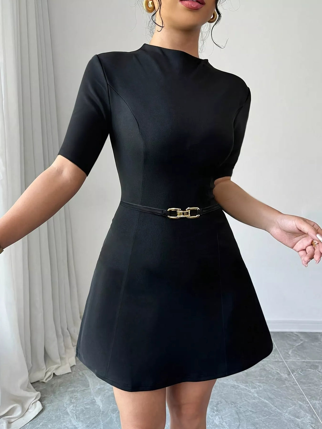 Mock Neck Short Sleeve Mini Dress