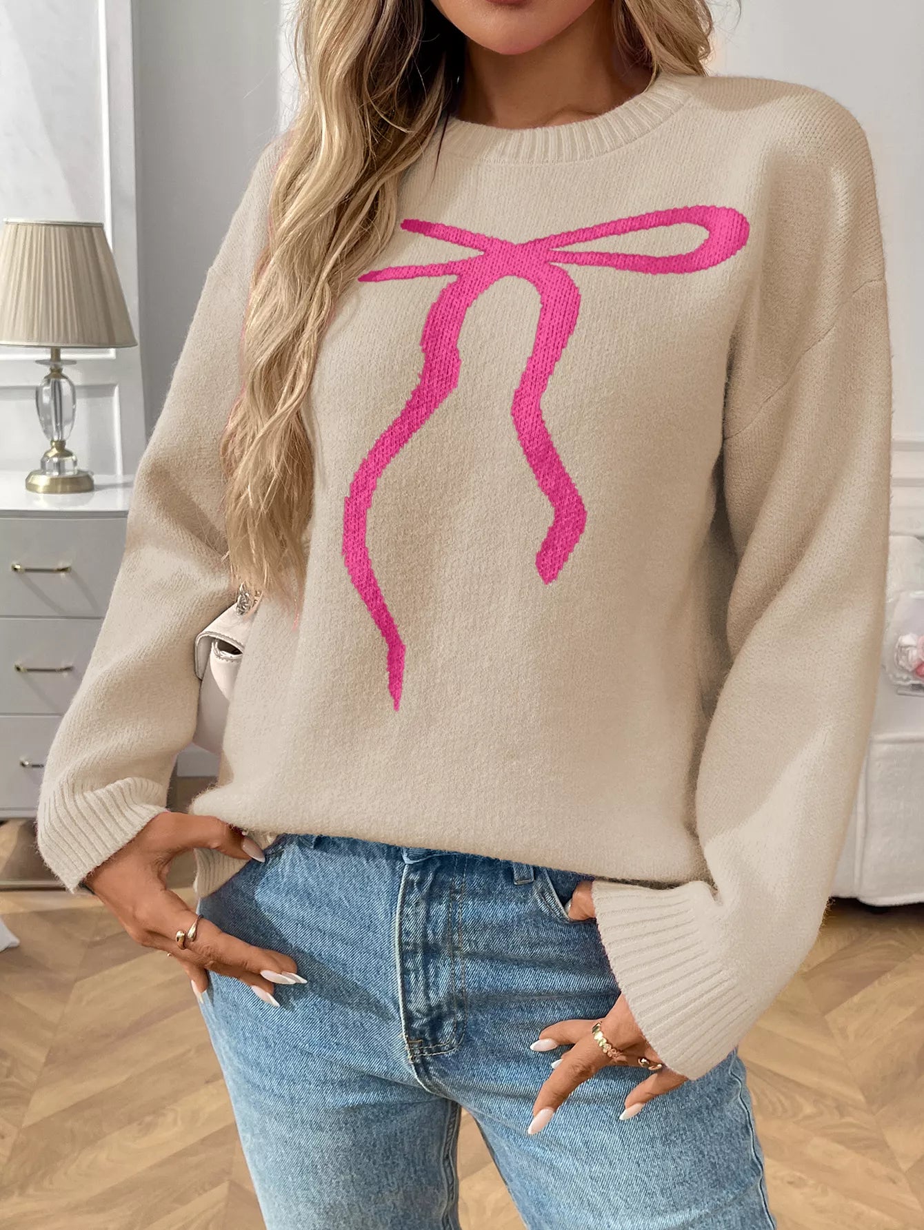Bow Round Neck Long Sleeve Sweater