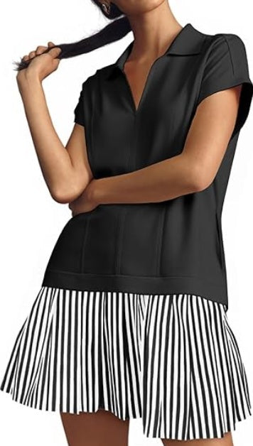 Fisoew Striped Patchwork Polo V‑Neck Mini Dress with Pockets