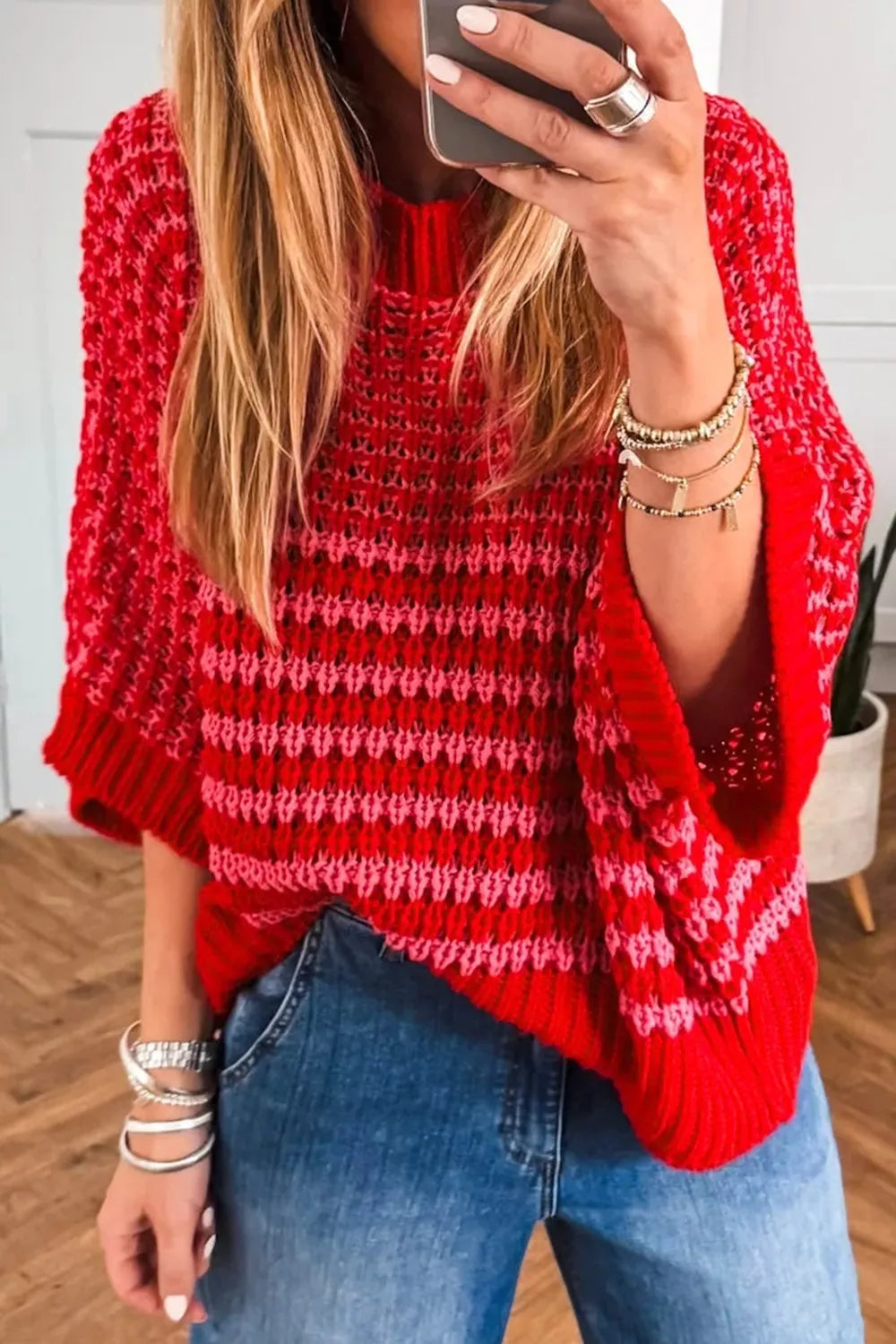 Stripe Wavy Crochet Eyelet Detail Ruffle Half Sleeve Sweater
