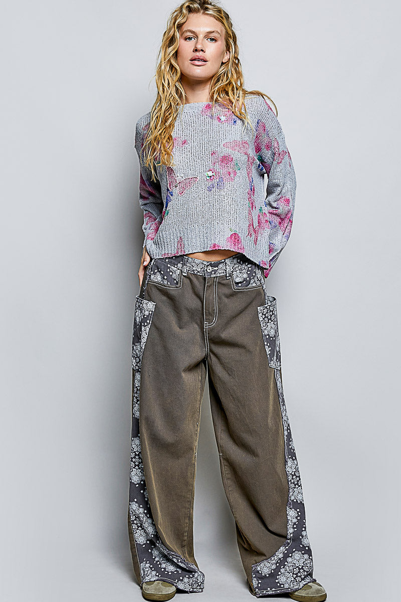 POL Ribbed Butterfly Print Round Neck Knit Top