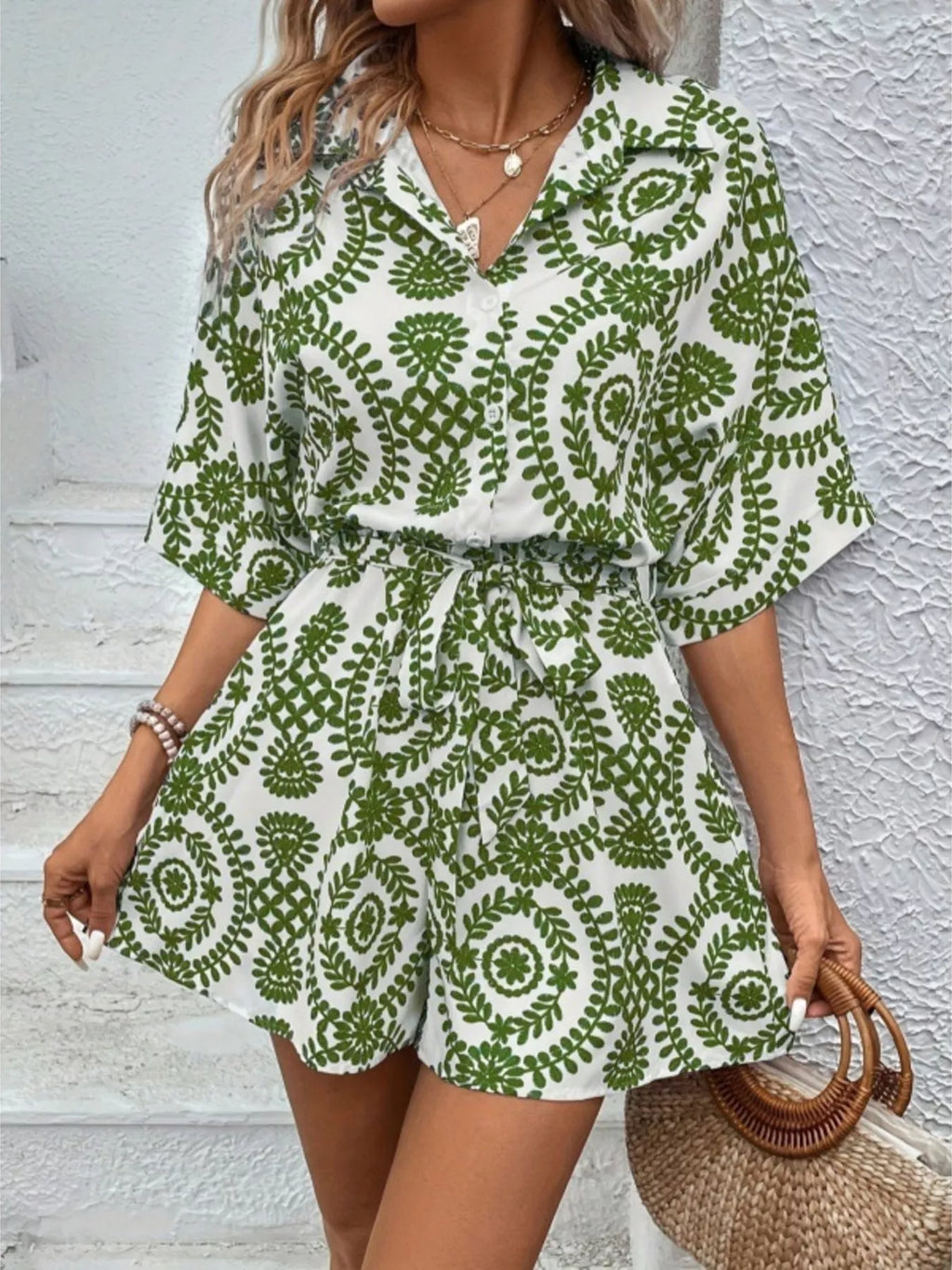 Printed Tie Waist Button Front Romper