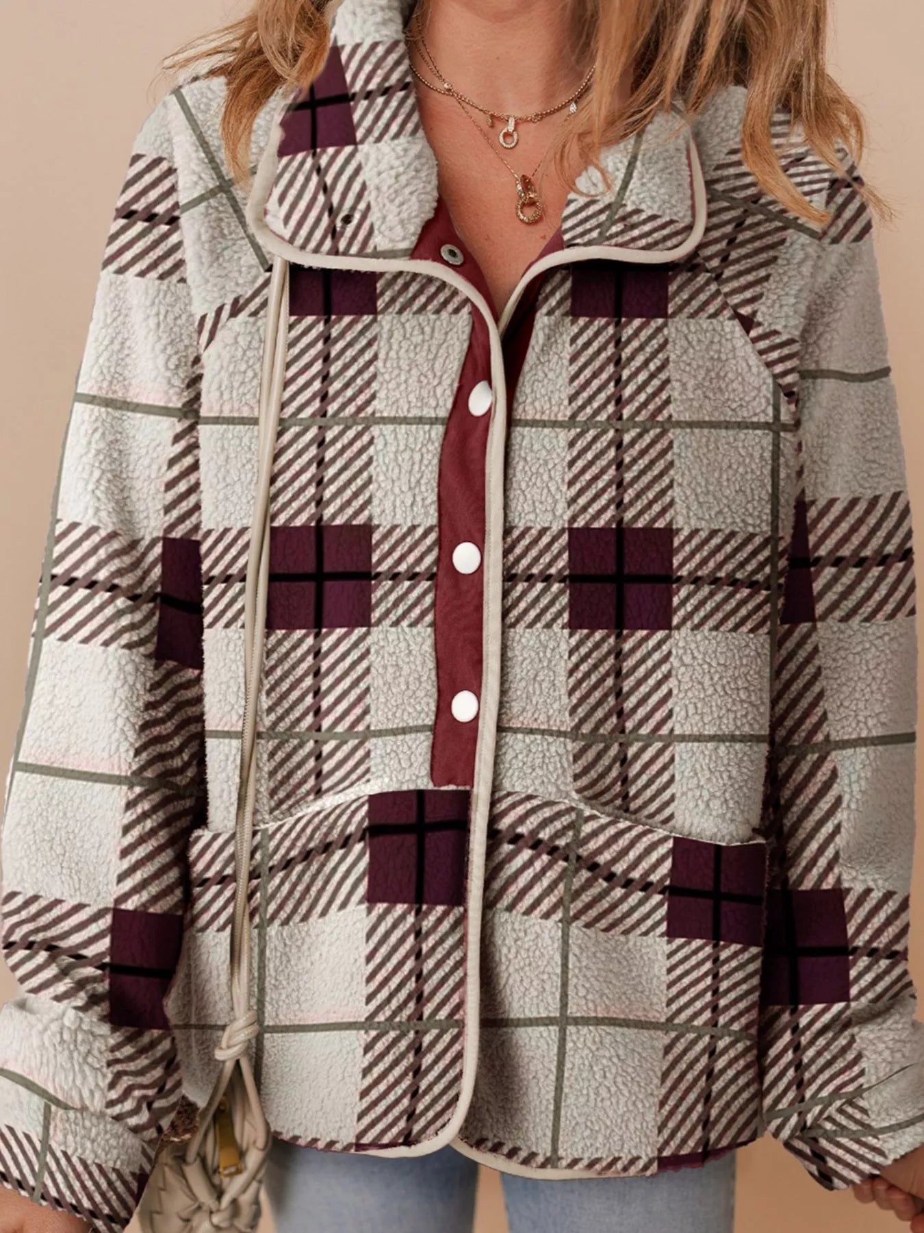 Plaid Buttoned Stand Collar Fleece Jacket
