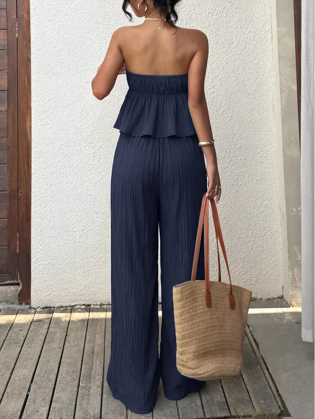 Textured Tube Top & Wide Leg Pants Set