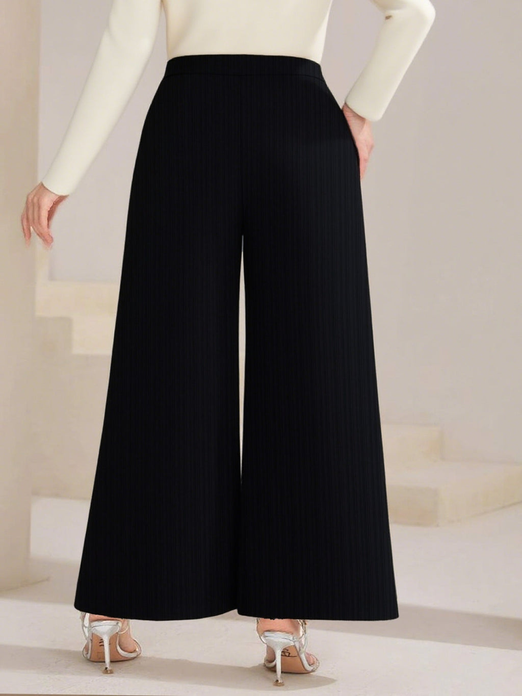 Plus Size High Waist Wide Leg Button Decor Pants