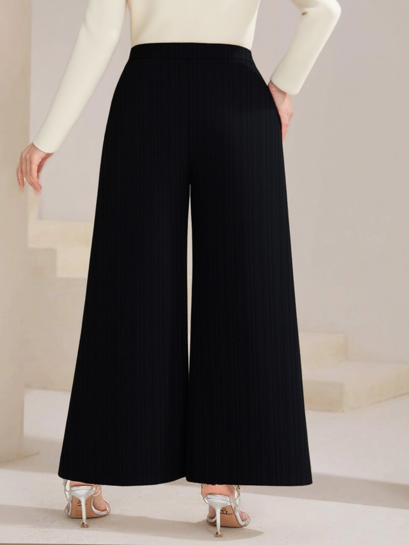 Plus Size High Waist Wide Leg Button Decor Pants