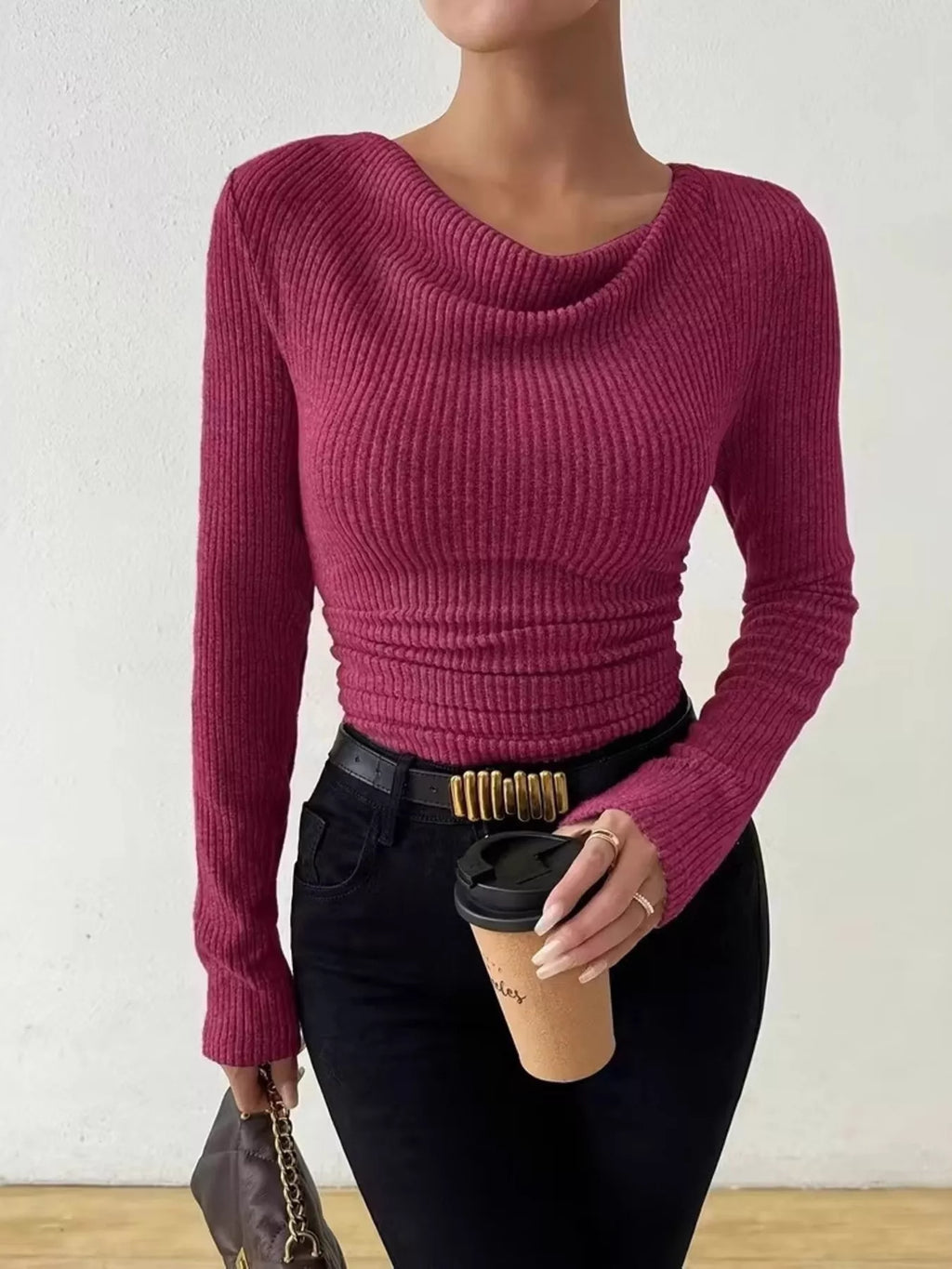Cowl Neck Ribbed Long Sleeve Sweater