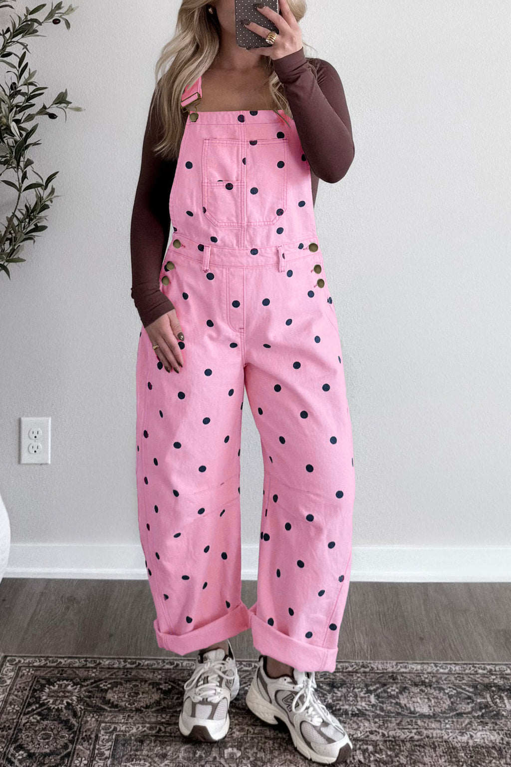 Phalaenopsis Polka Dot Print Bib Pocket Denim Barrel Overalls Jumpsuit