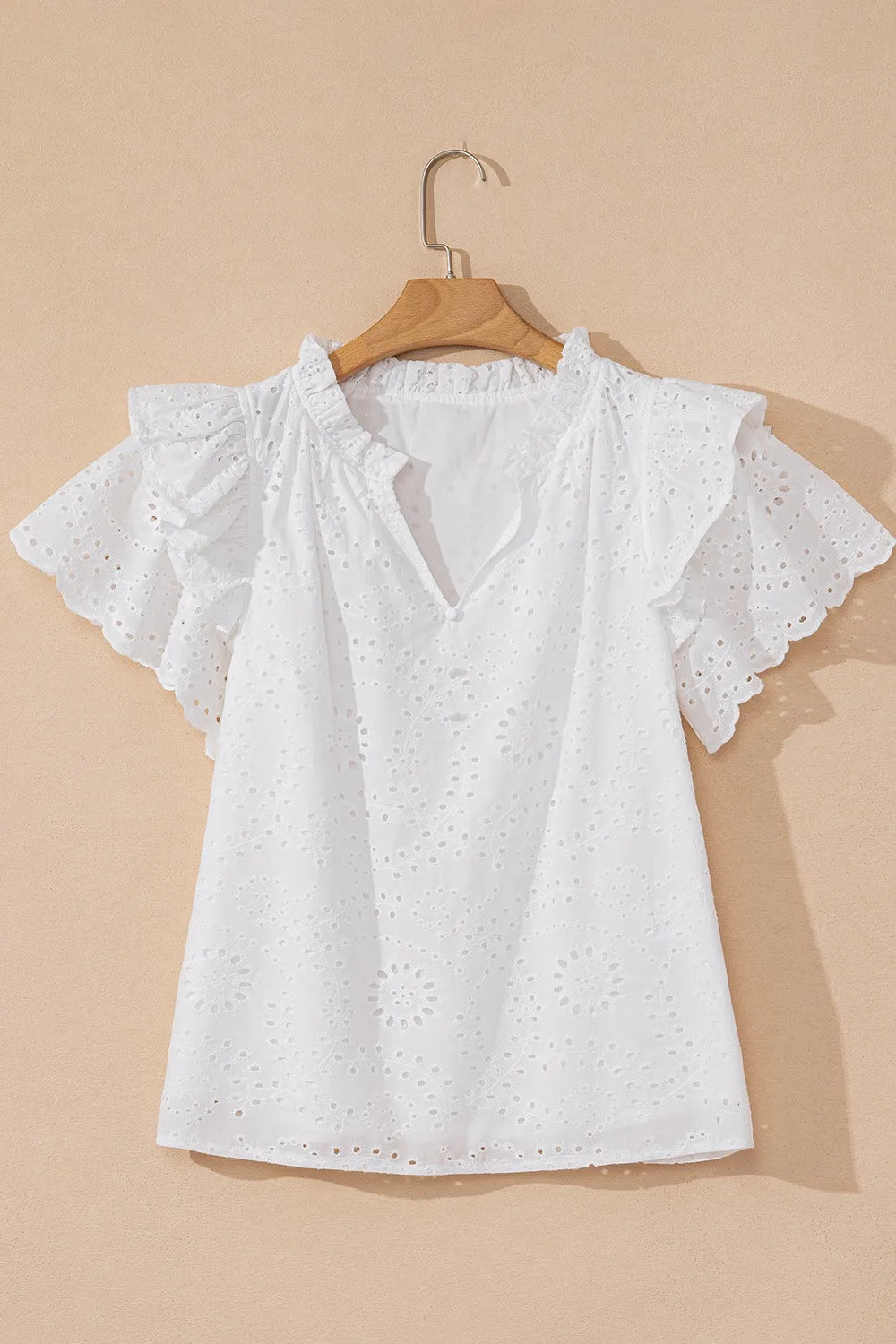 Eyelet Notched Short Sleeve Blouse