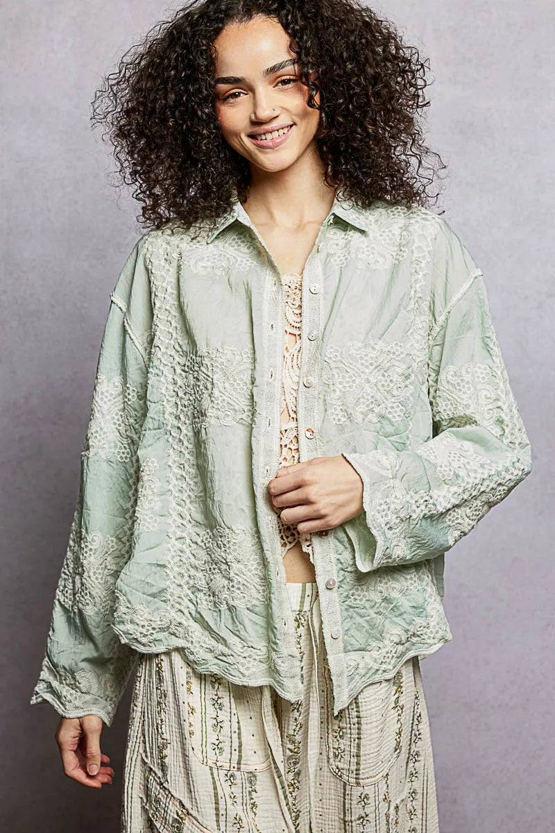 POL Embroidery Button Down Long Sleeve Shirt