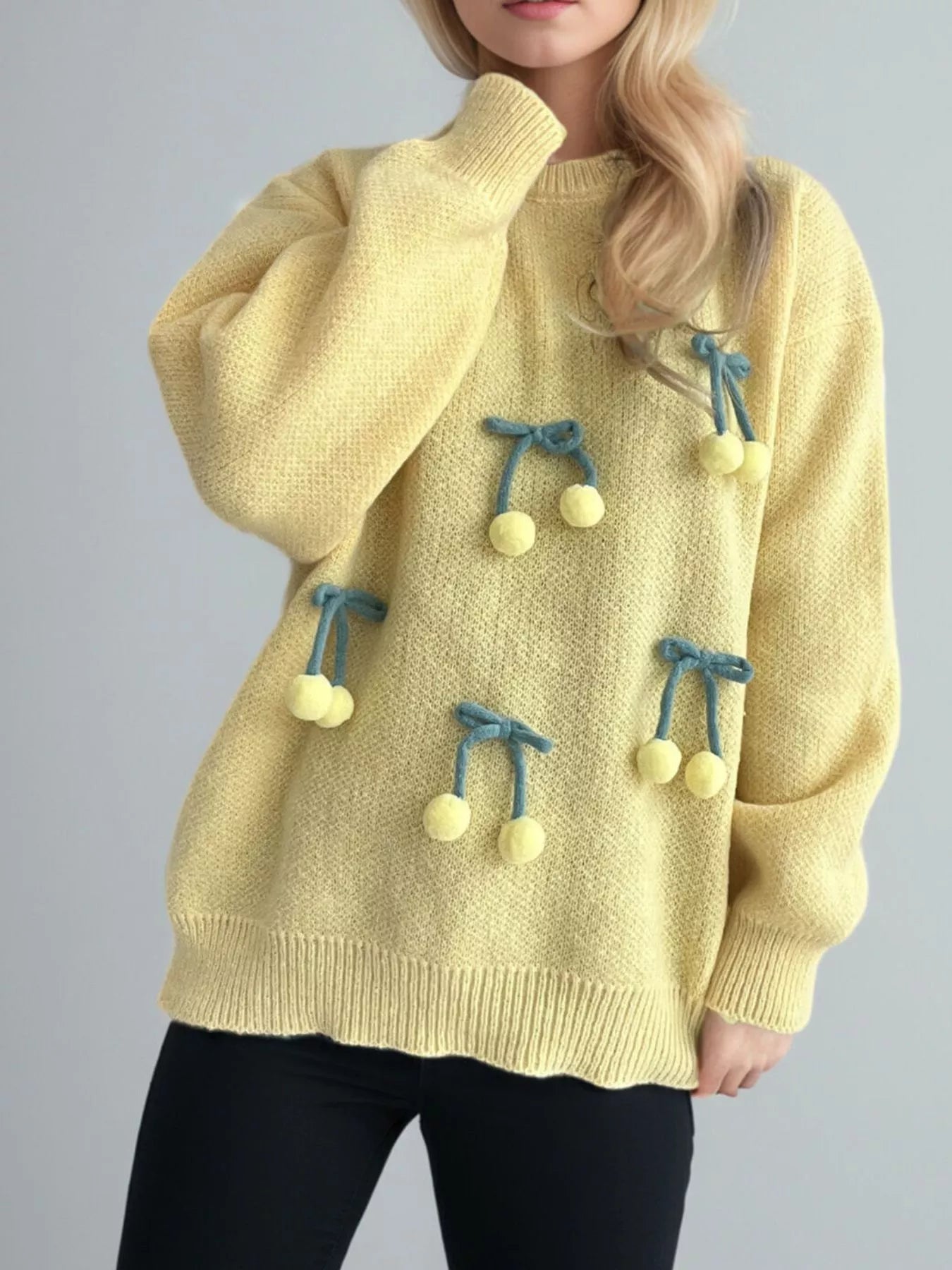 Cherry Pom-Pom Knit Round Neck Sweater