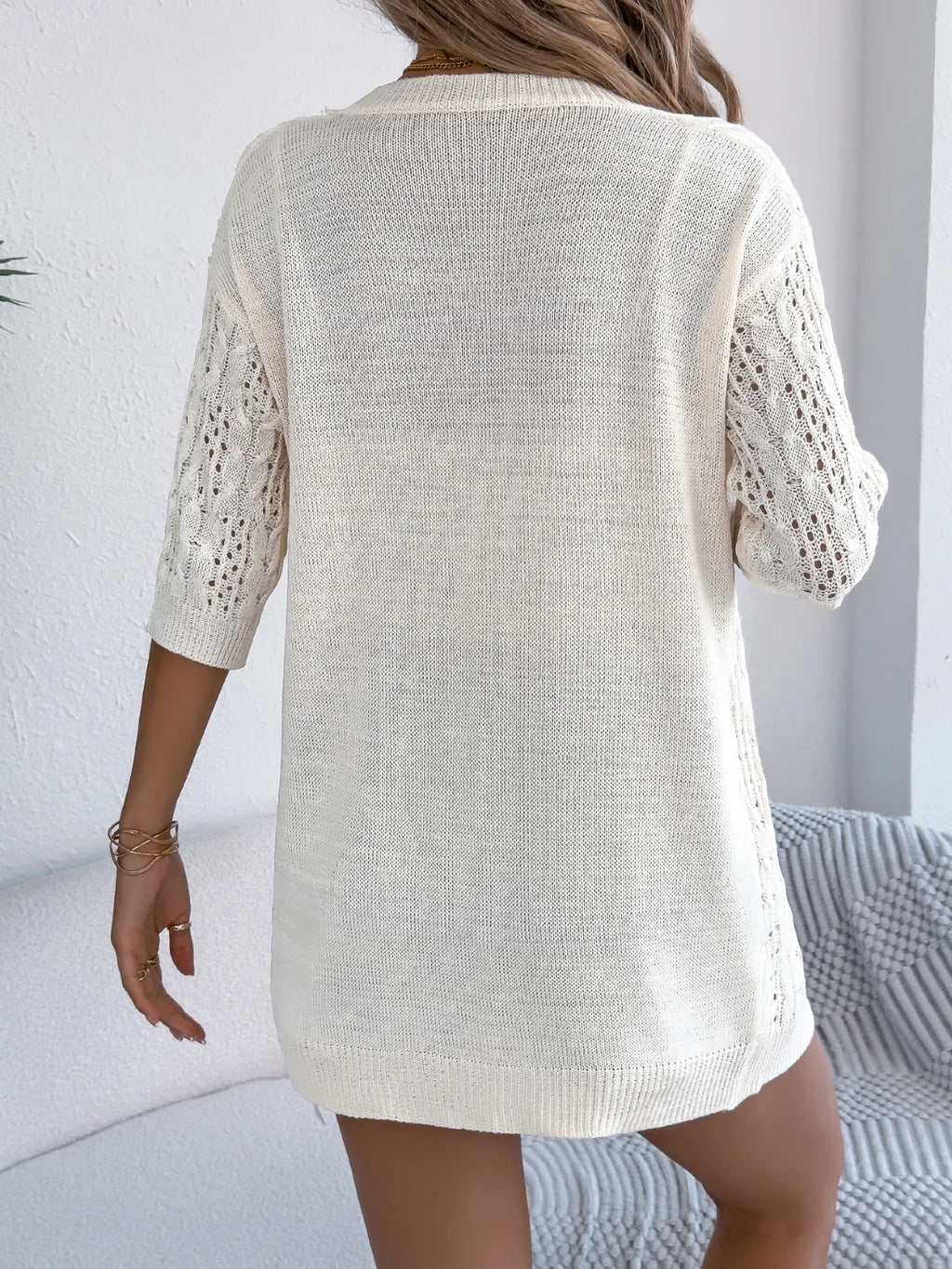 Openwork Open Front Half Sleeve Cardigan