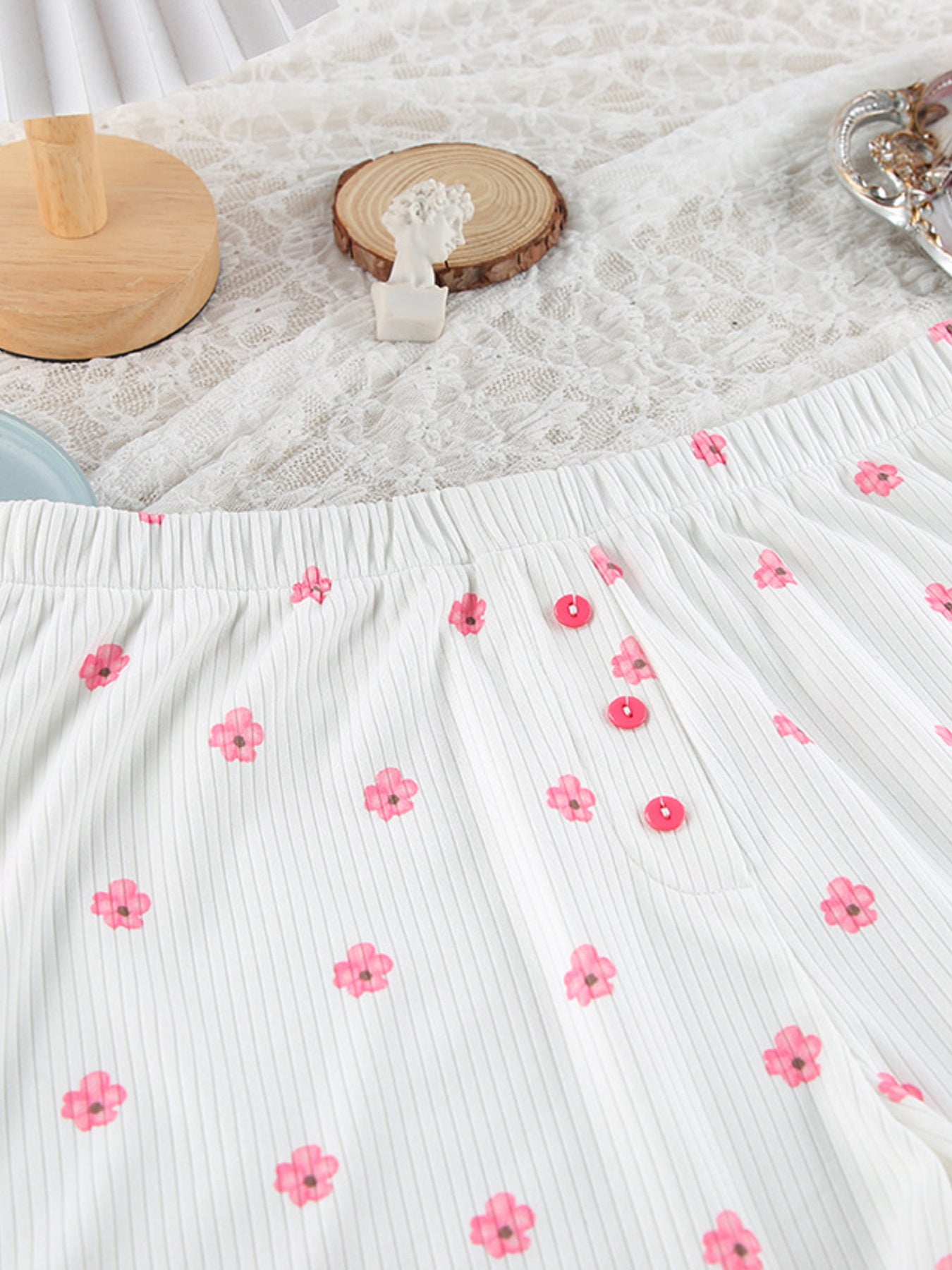 Floral Print Ribbed Knit Top and Shorts Lounge Set