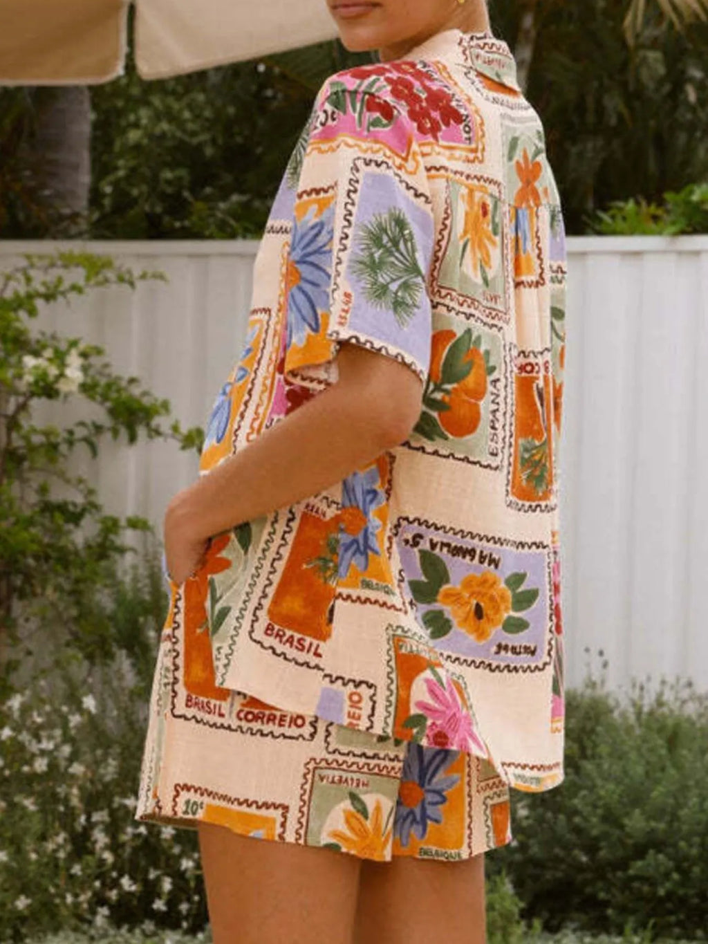 Printed Button Up Shirt and Shorts Set