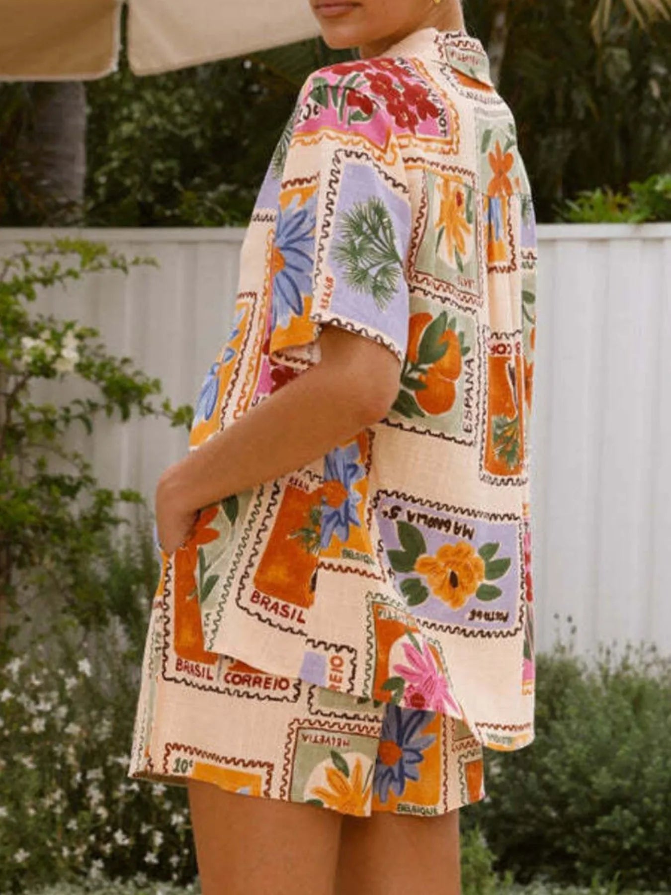 Printed Button Up Shirt and Shorts Set