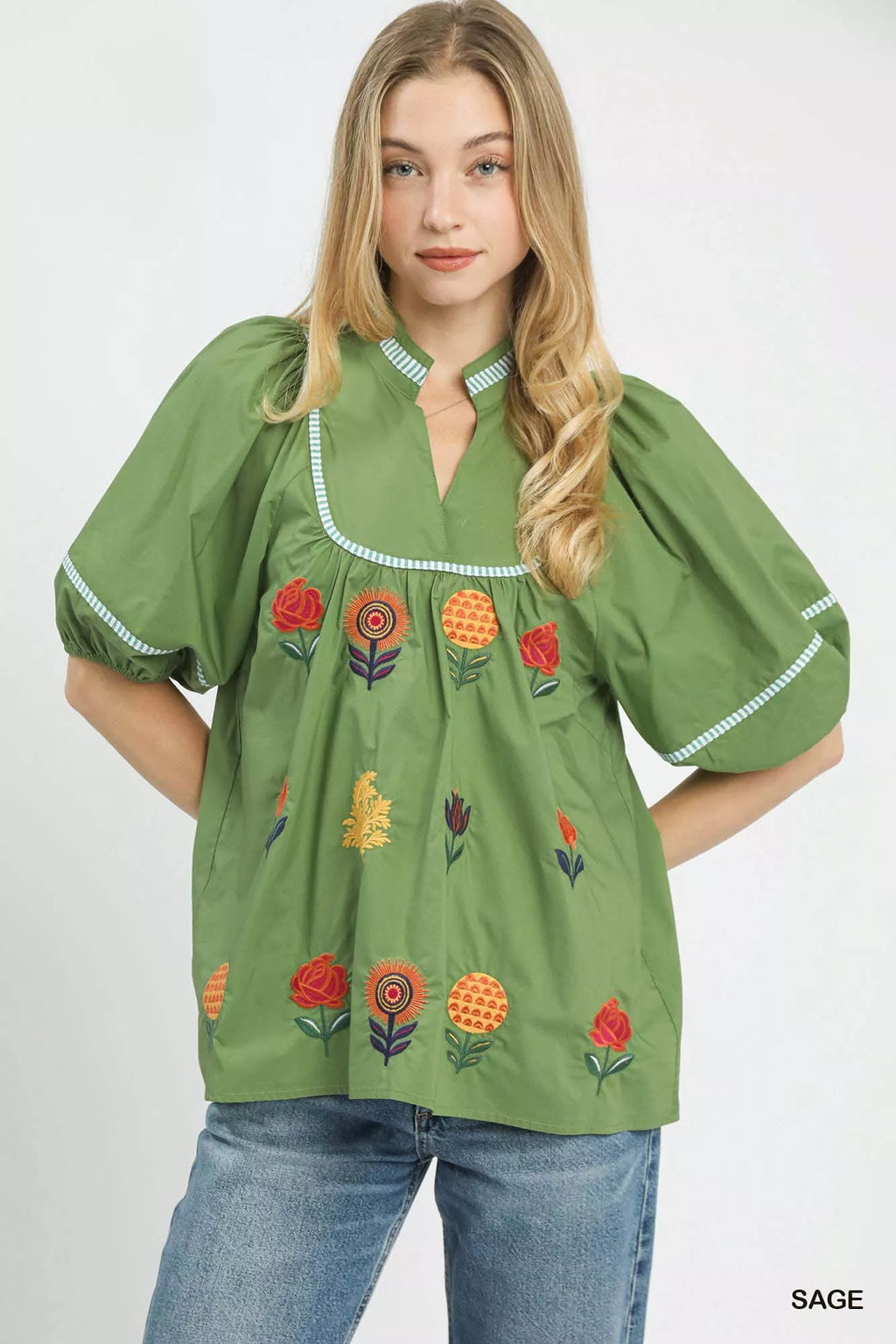 Umgee Embroidered Floral Puff Sleeve Top