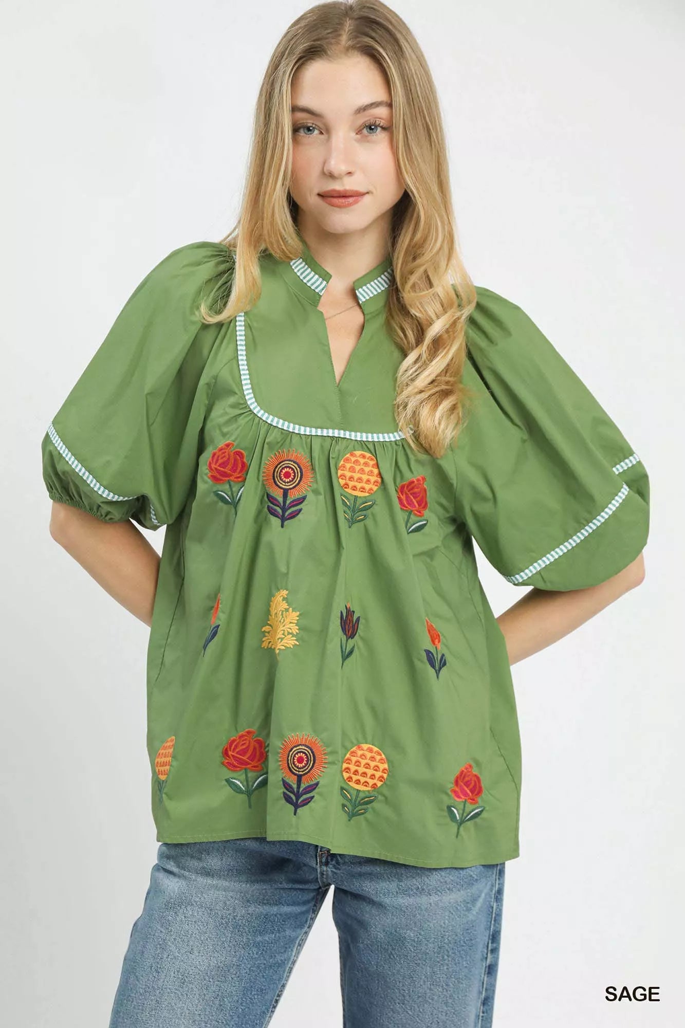 Umgee Embroidered Floral Puff Sleeve Top
