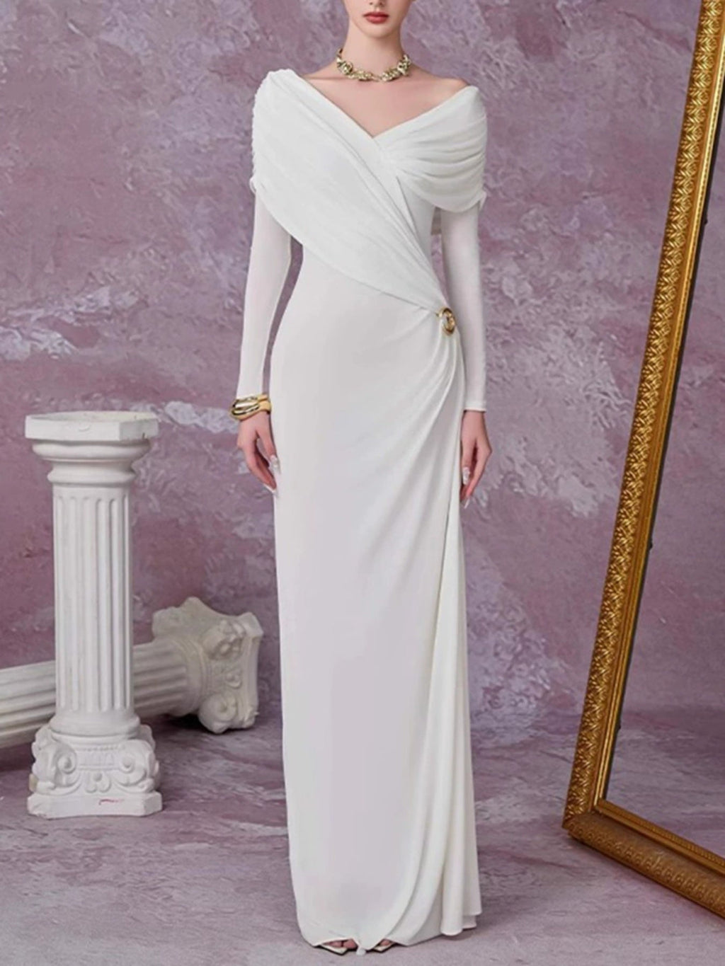 Ruched Draped Long Sleeve Maxi Dress