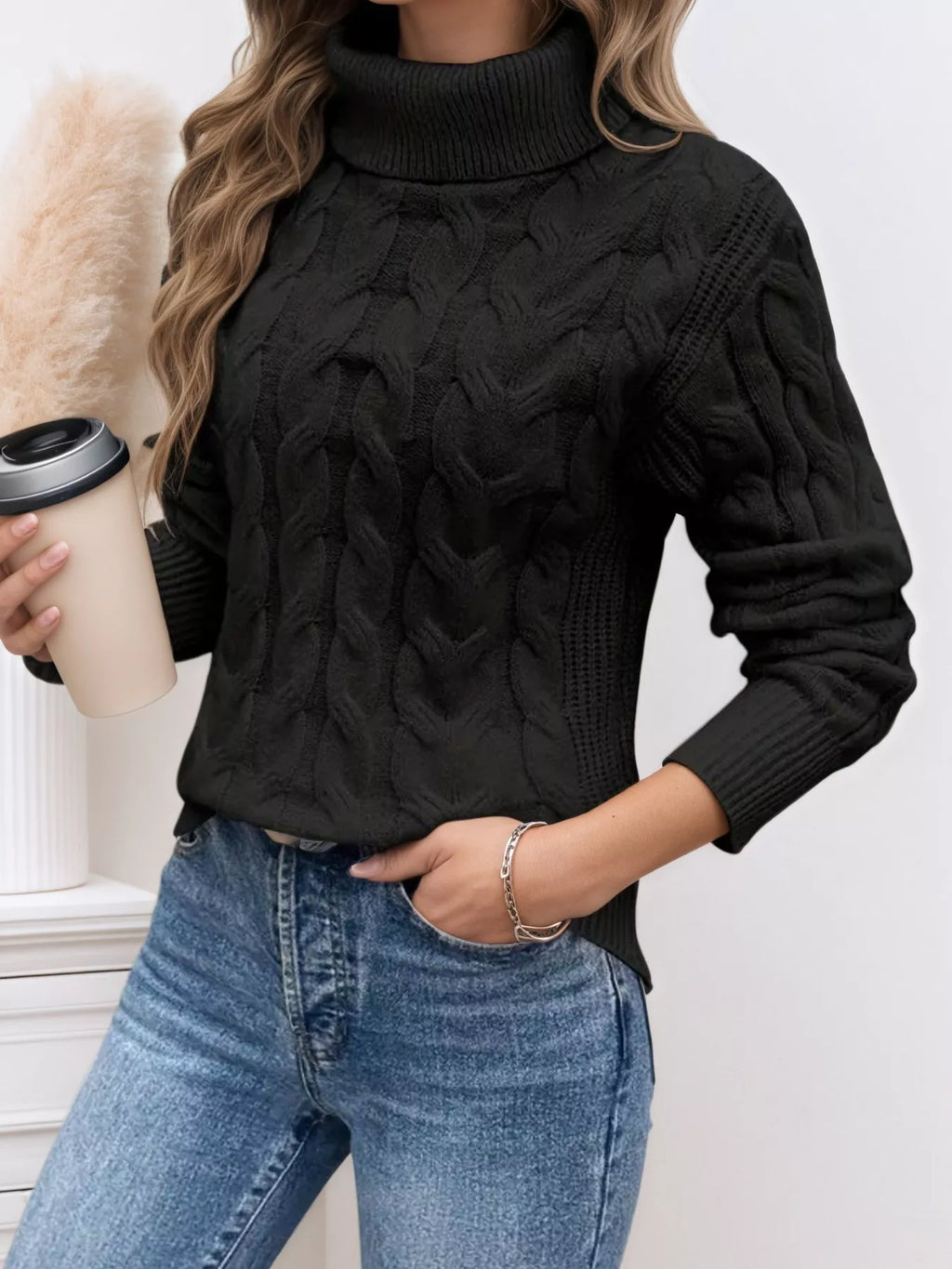Cable Knit Turtleneck Long Sleeve Sweater