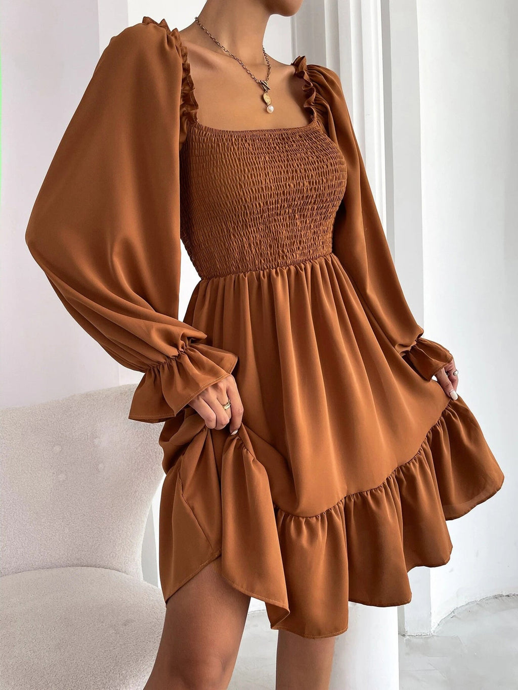 Smocked Flounce Sleeve Mini Dress