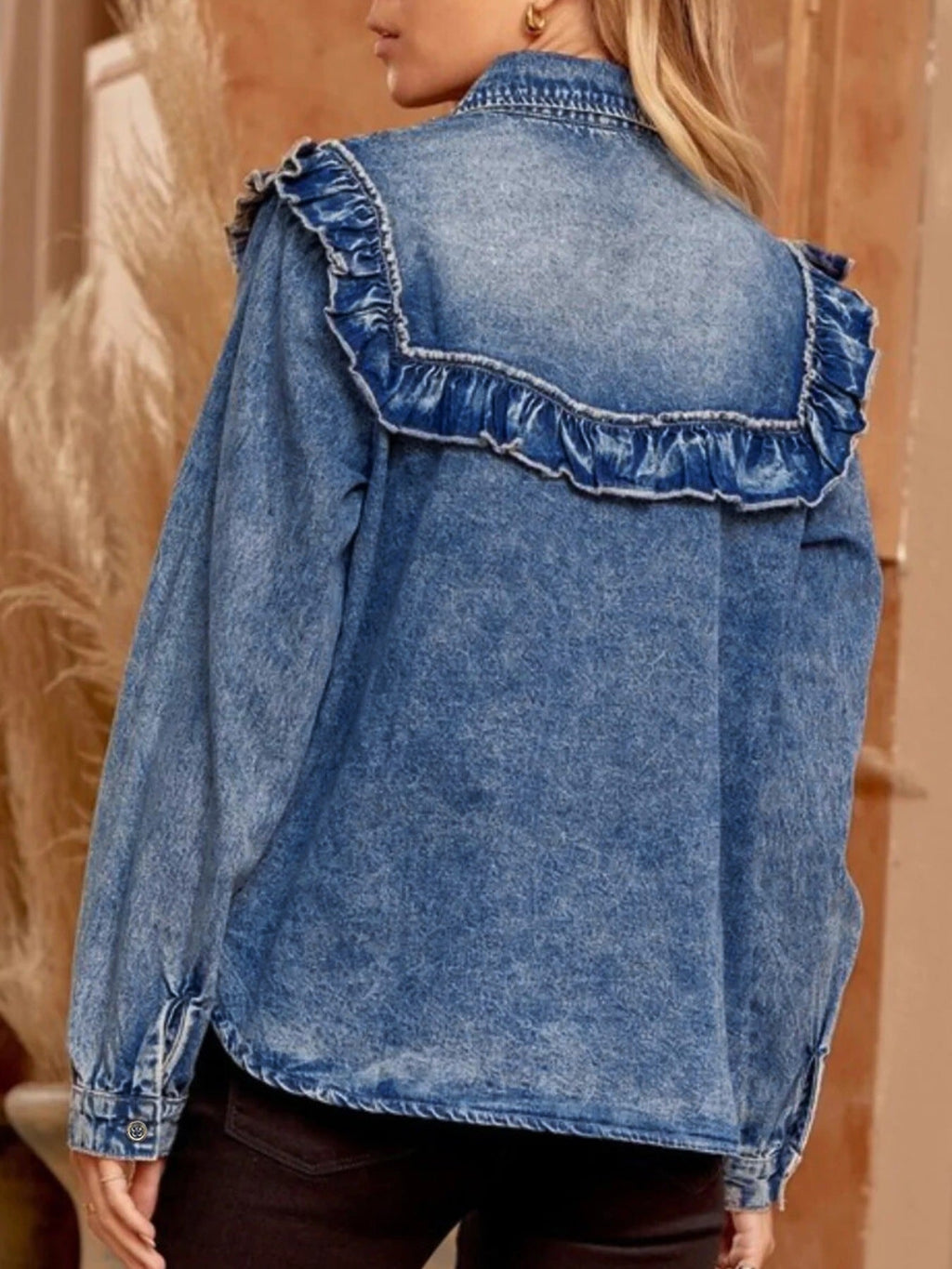 intage Wash Denim Ruffle Detail Button Down Shirt