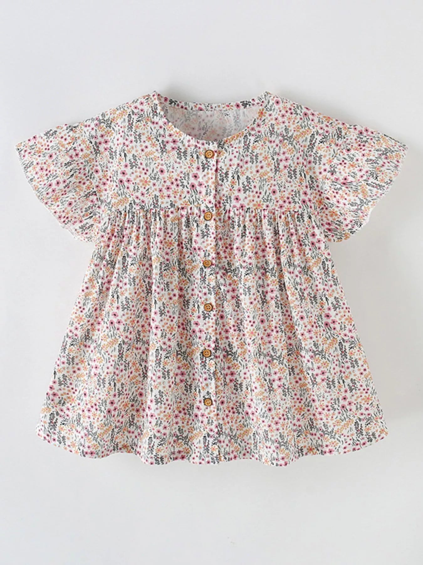 Children's Floral Print Button-Front Ruffle Sleeve Dress