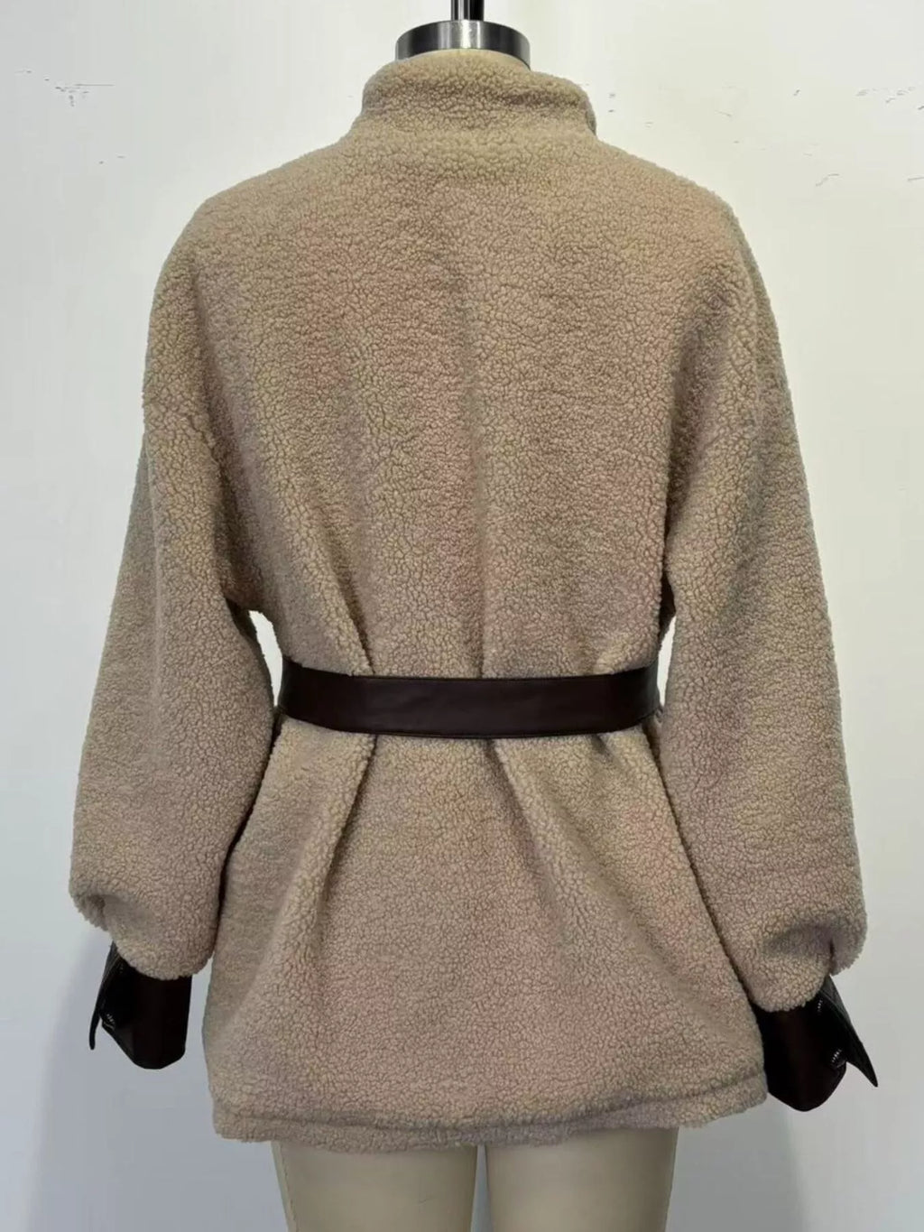 Leather Trim Sherpa Outerwear with Pockets