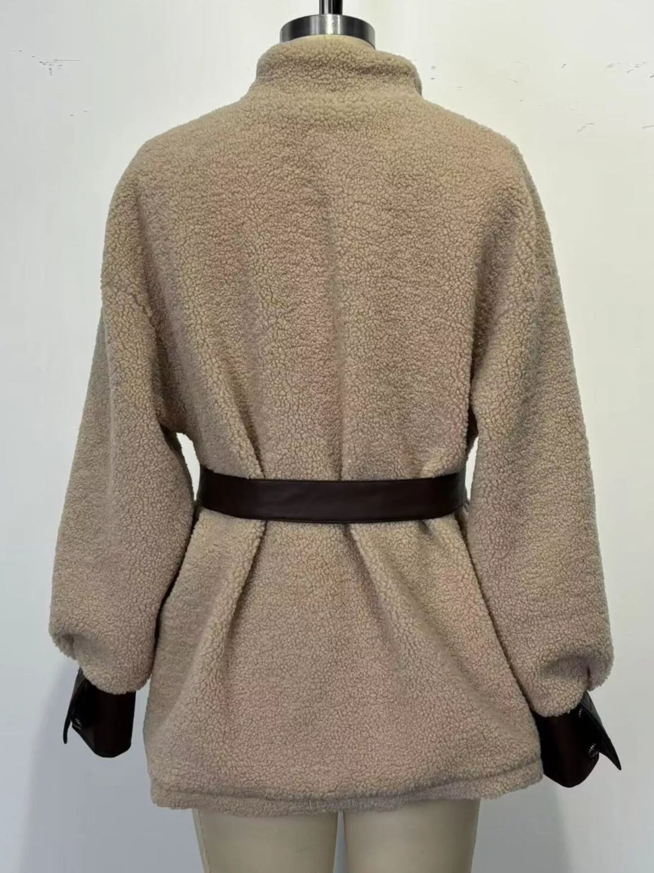 Leather Trim Sherpa Outerwear with Pockets
