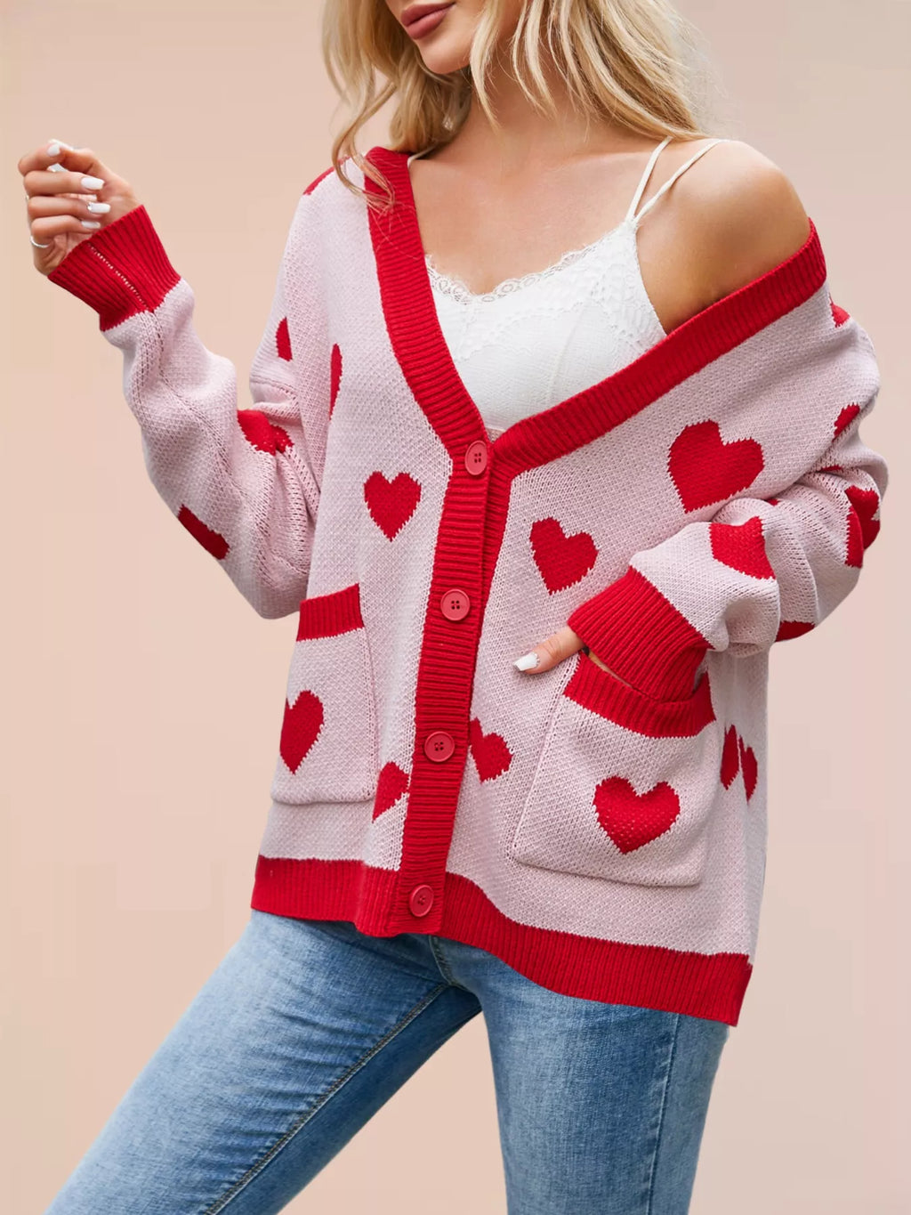 Heart Pattern Button-Up Knit Cardigan