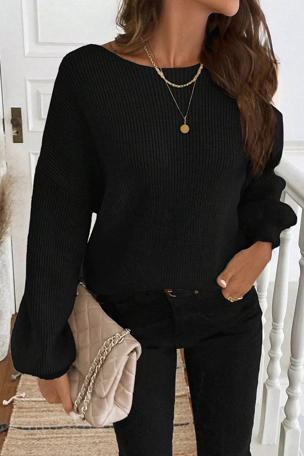 Ribbed Knit Ribbon Knot Backless Drop Shoulder Sweater