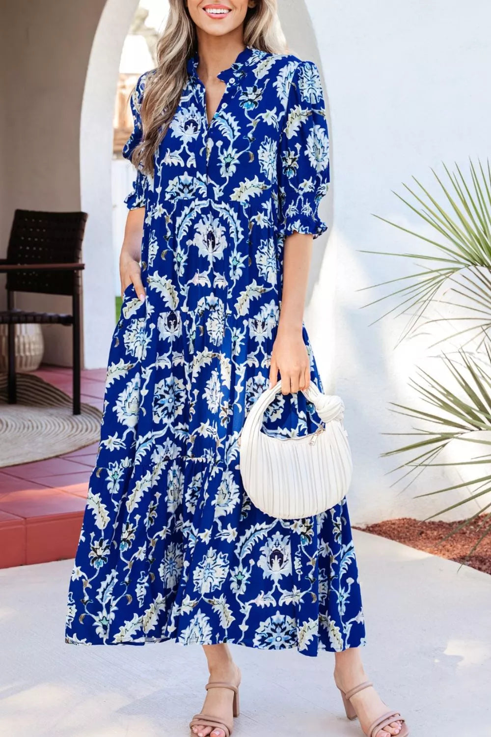 Wild Floral Print Frilled Collar Half Sleeve Dress