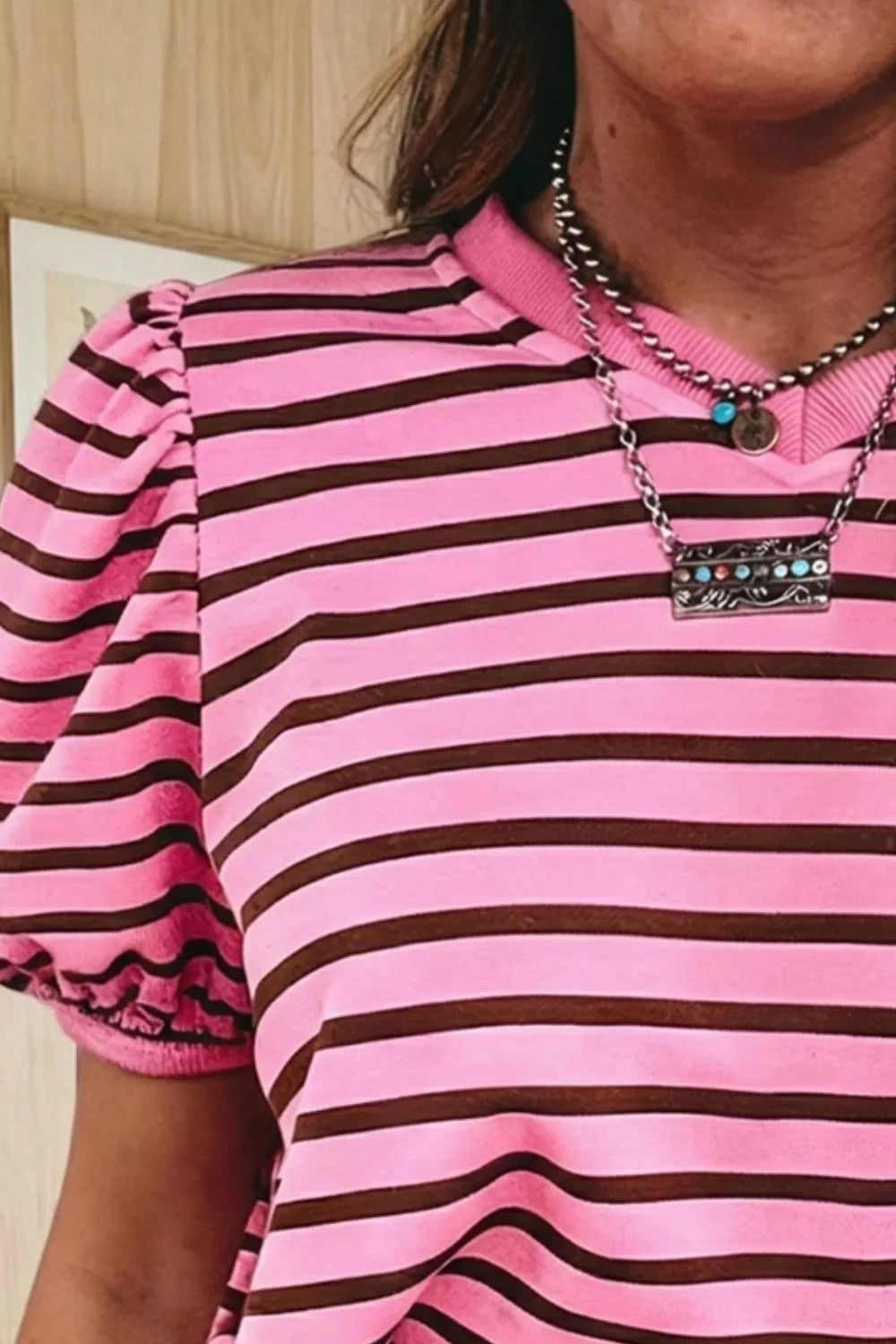 Stripe Striped V-Neck Ribbed Collar Cuff Gathering Puff Sleeve Top