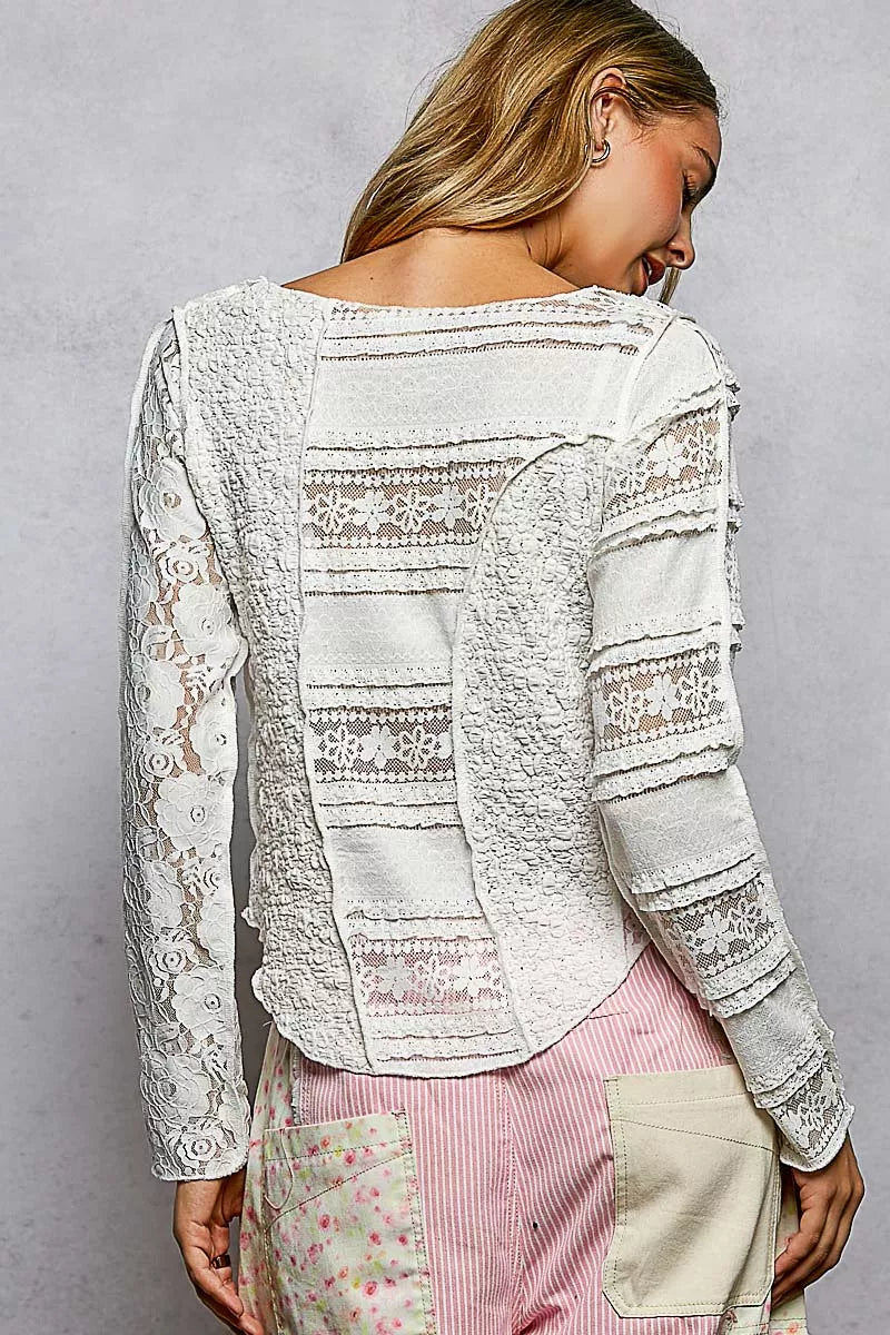 POL Round Neck Long Sleeve Exposed Seam Top with Lace Detail