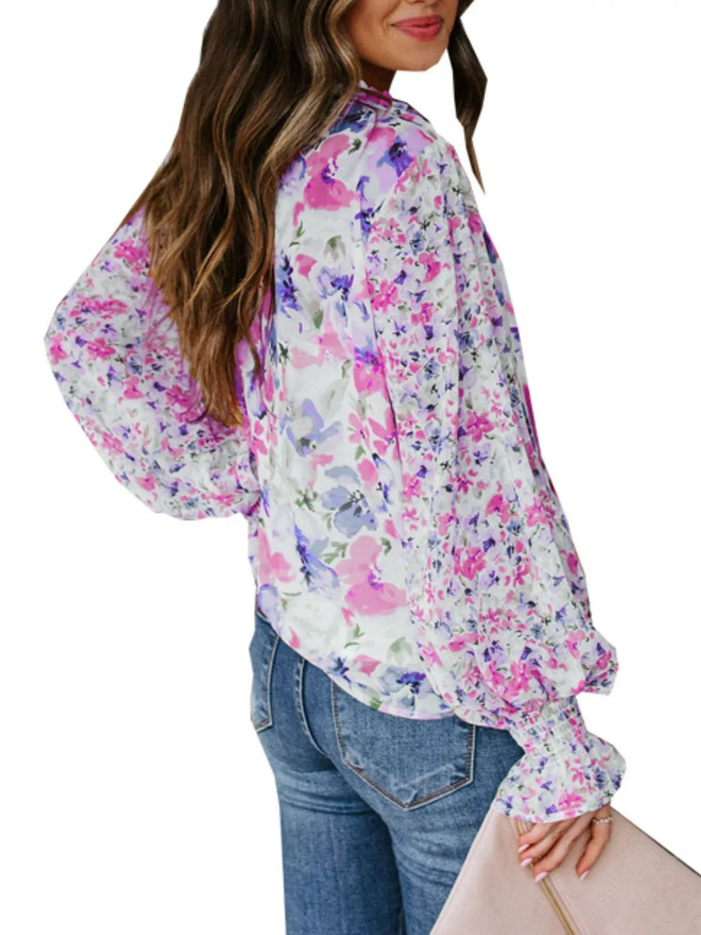 Full Size Floral Print Smocked Cuff Blouse Plus Size
