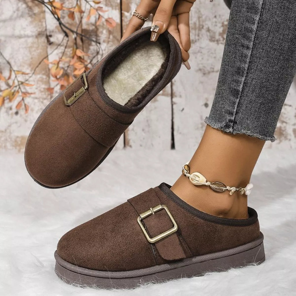 Buckle Decor Plush Lined Warm Slippers