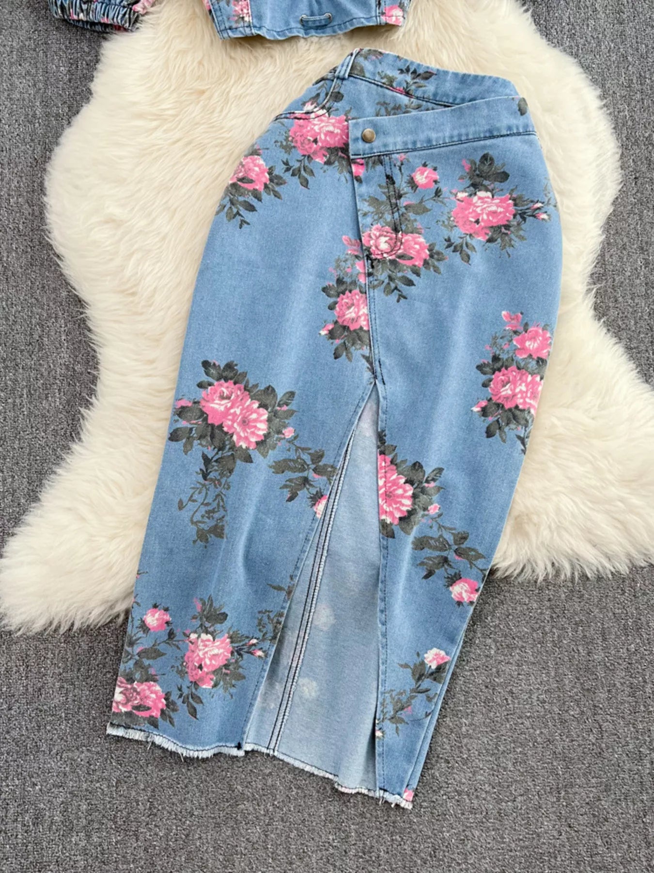 Floral Print Sweetheart Neck Cami and Skirt Denim Set