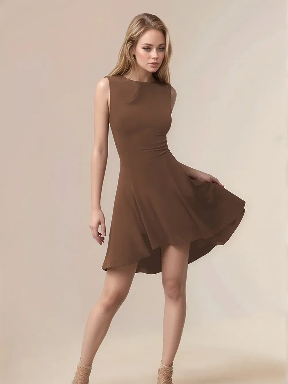 High-Low Round Neck Sleeveless Mini Dress